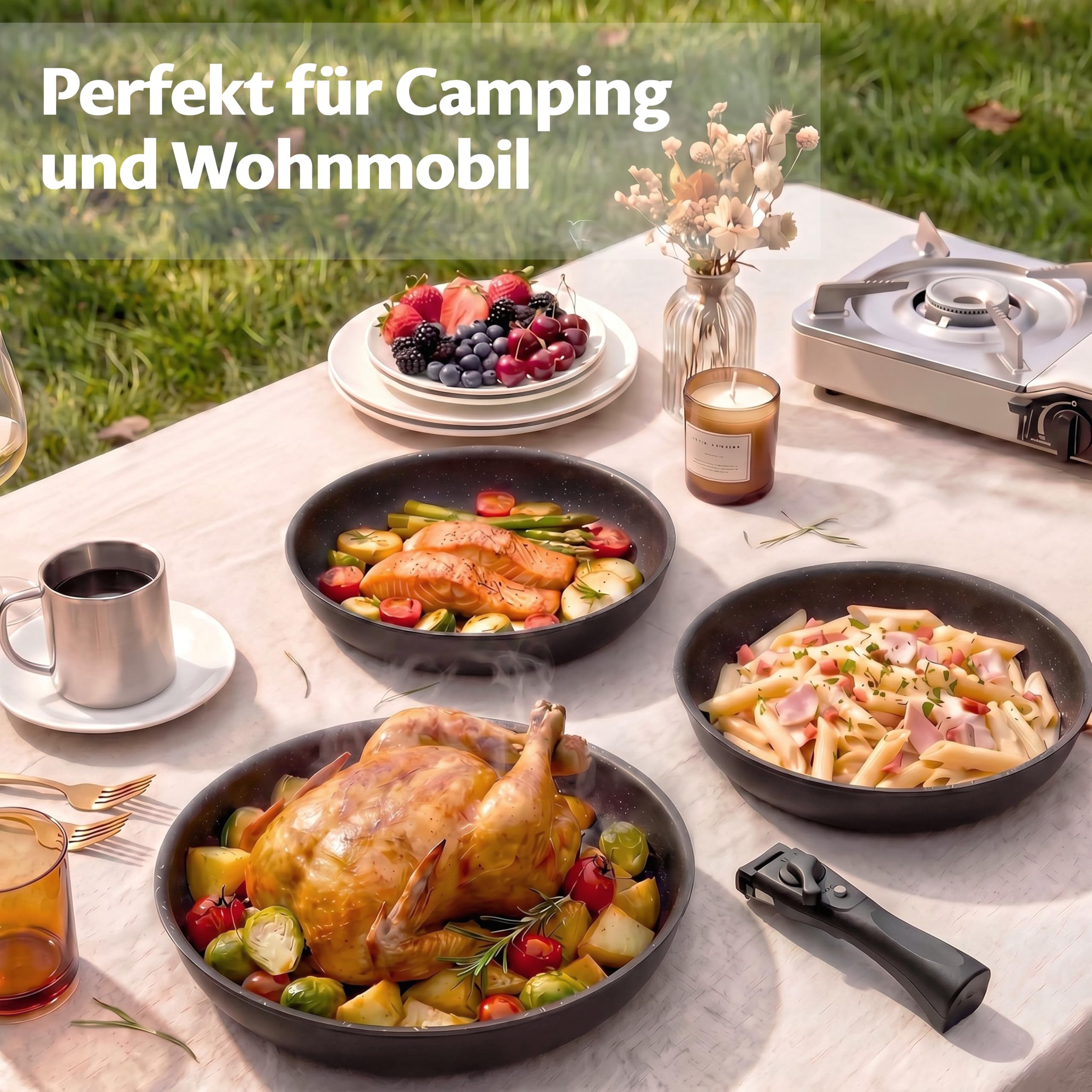 Fadware Pfannenset Induktion, Antihaftbeschichtete Bratpfanne 20, 24, 28 cm mit Abnehmbarem Griff für Kleine Küchen & Wohnmobile, Pfannen Set Stapelbar Platzsparend, für Alle Herdarten, Backofenfest