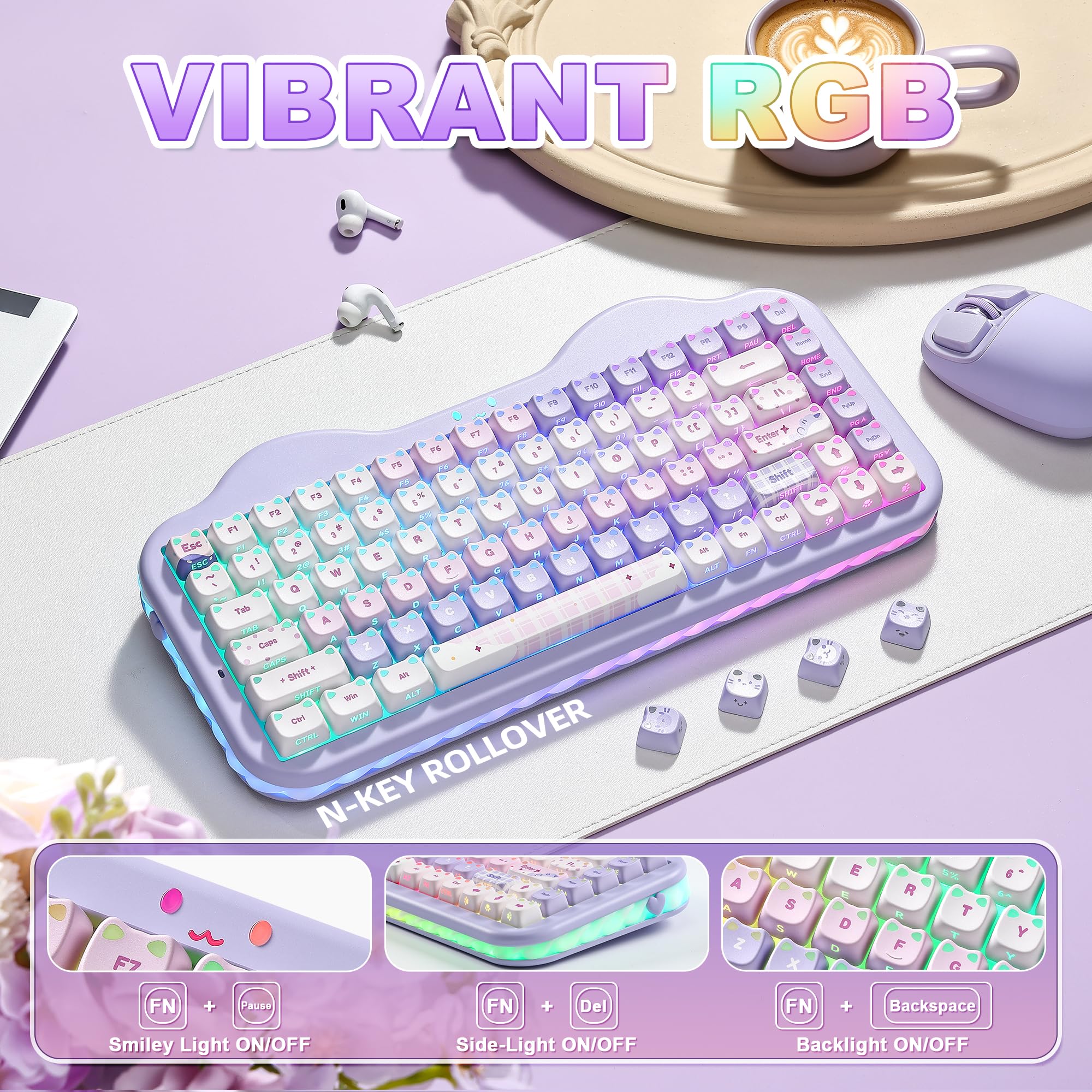 YUNZII C75 MAO Cat Tastiera Meccanica Gaming (Purple, Candy-linear) | 75% Layout, Hot Swap, BT/2.4G/USB-C, PBT Keycaps, RGB Retroilluminata, Suono Cremoso Thocky, NKRO, Cute Keyboard for Gaming