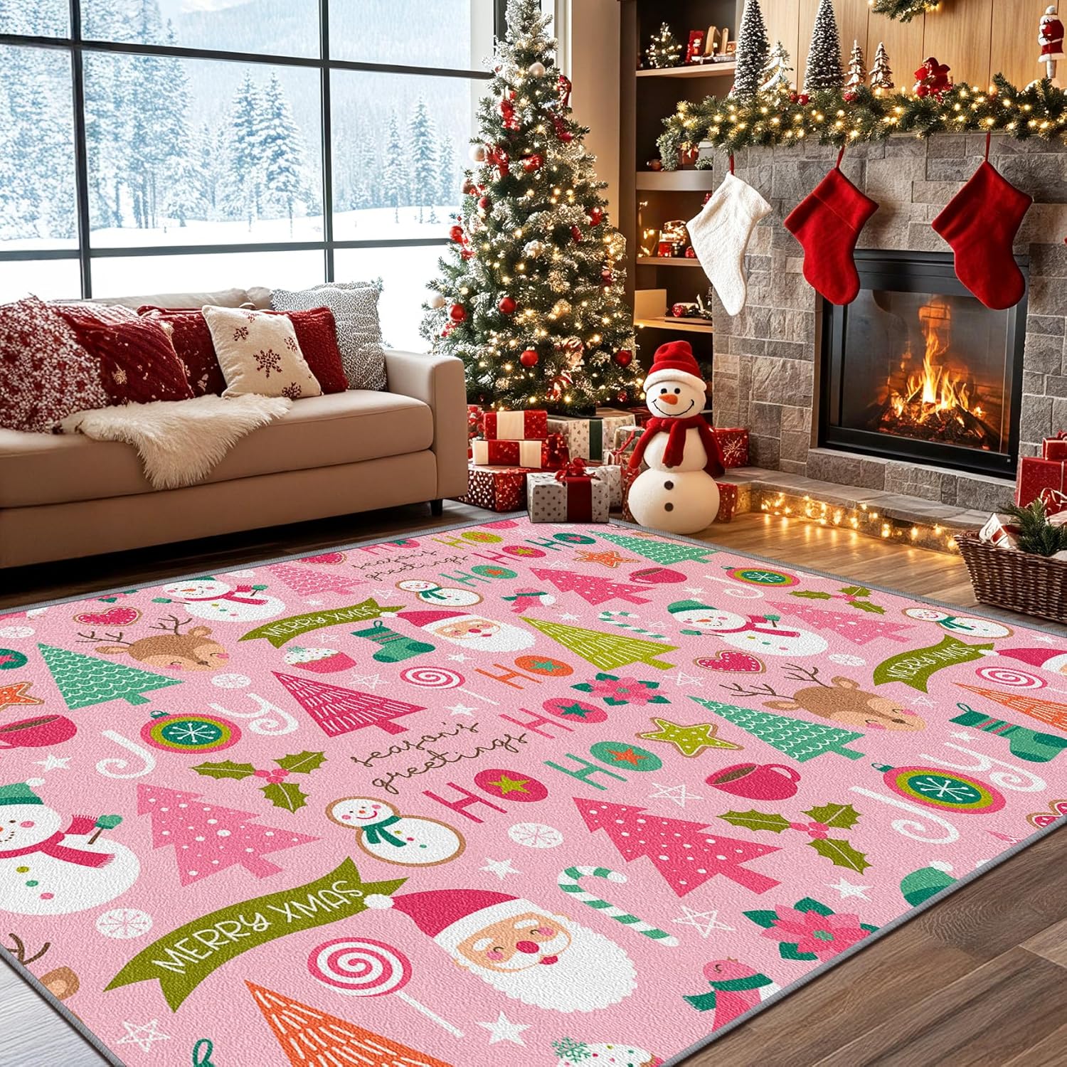 Amazon.com: SherAvant Pink Christmas Area Rugs - Cartoon Santa Claus ...