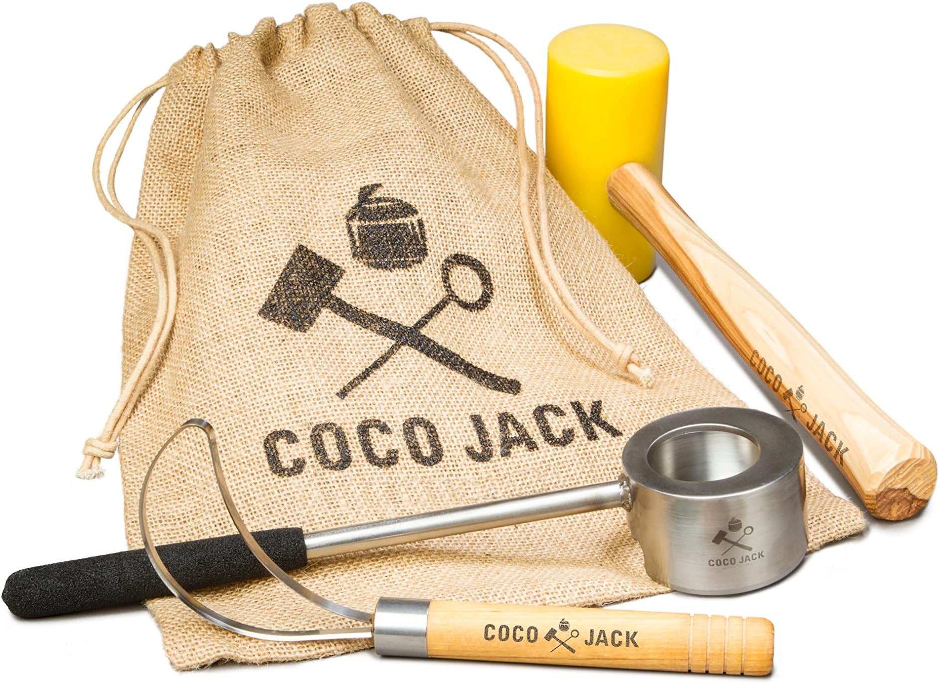 Coco Jack - Coco Opener Pack - Young Coconut Opener with Shock Absorbing Grip - Stainless Steel and Yellow Plastic Mallet with Wooden Handle - As Seen on Shark Tank