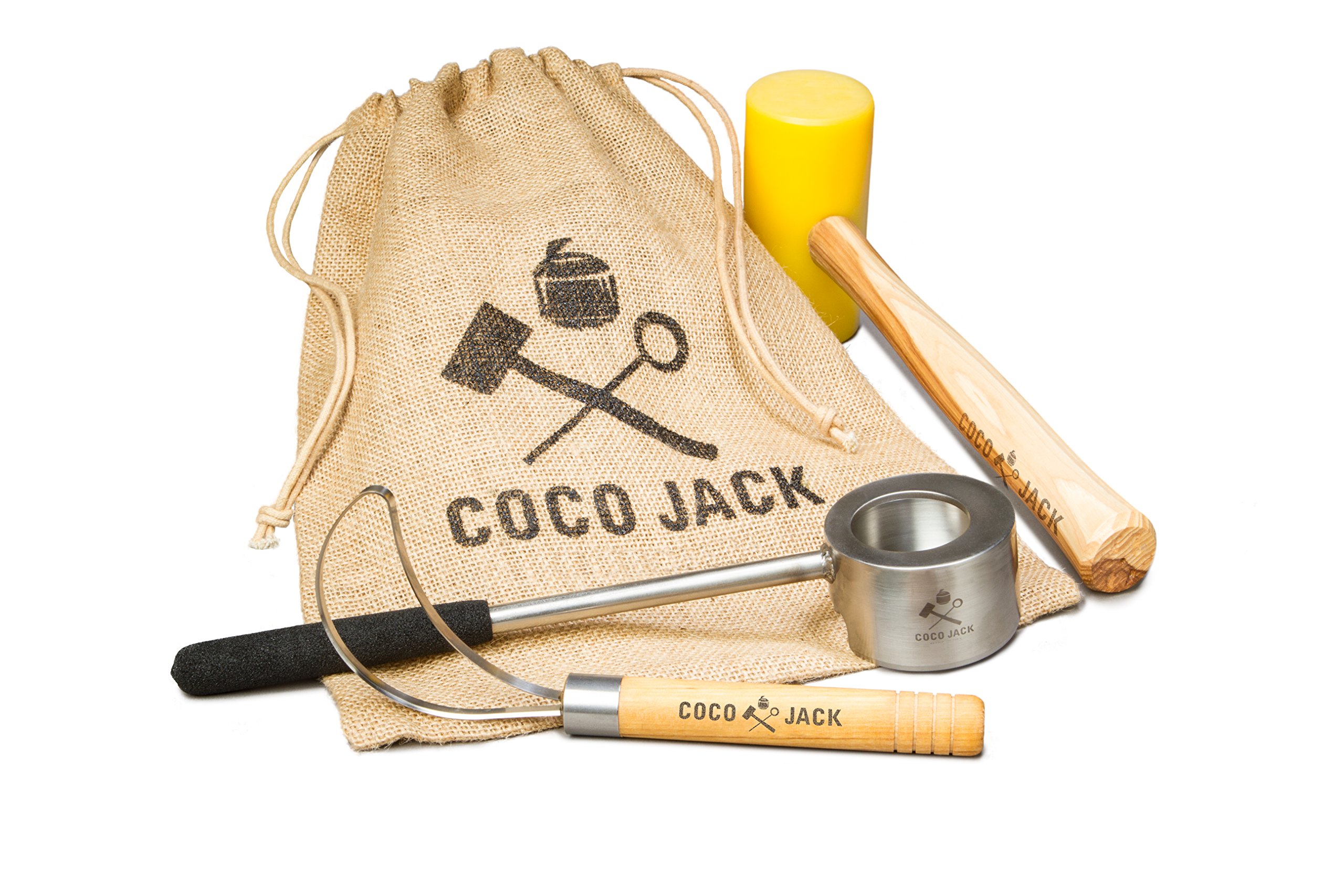 Coco Jack - Coco Opener Pack - Young Coconut Opener with Shock Absorbing Grip - Stainless Steel and Yellow Plastic Mallet with Wooden Handle - As Seen on Shark Tank