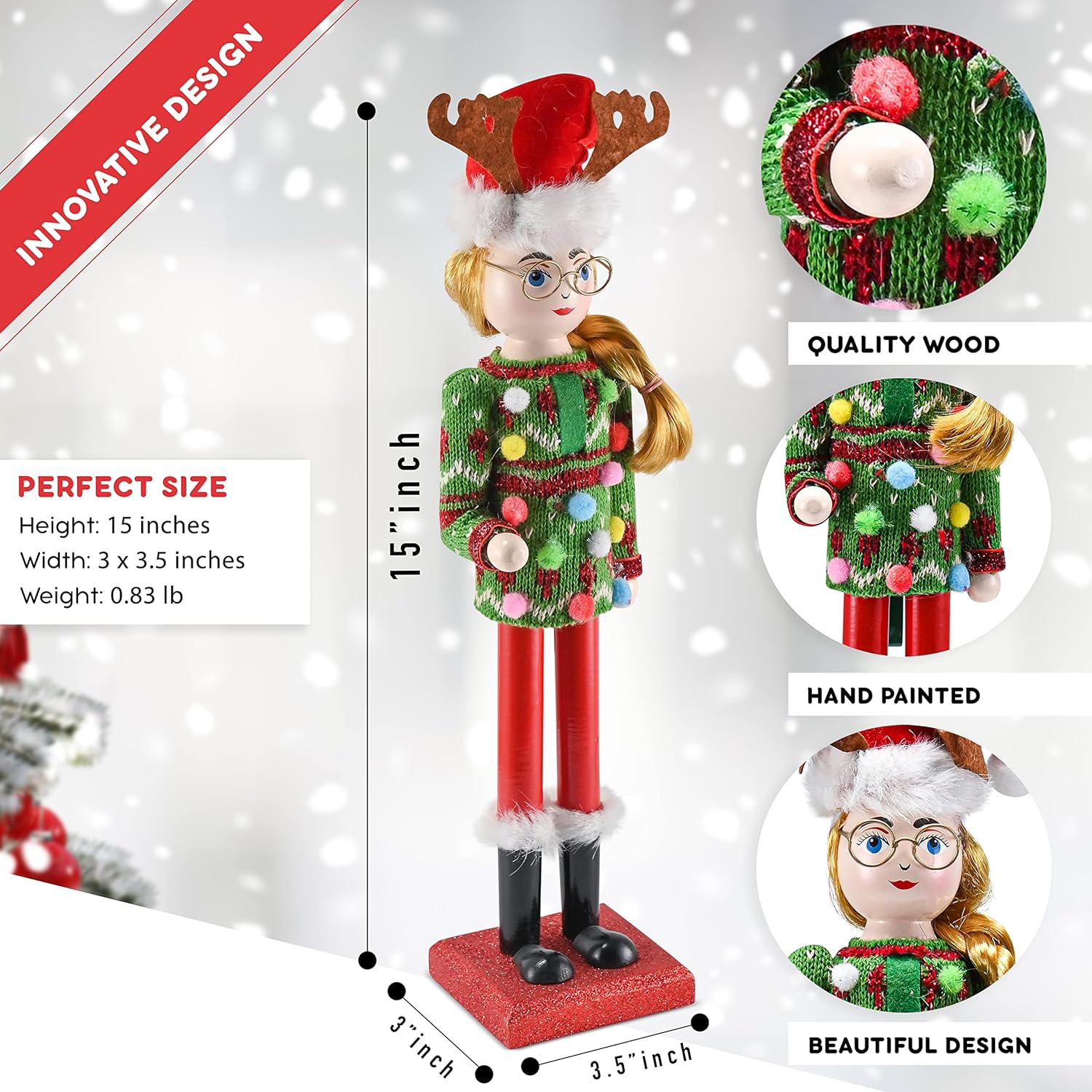 Ornativity Christmas Ugly Sweater Nutcracker – Red and Green Wooden Nutcracker Woman with an Ugly Sweater and Reindeer Hat Xmas Themed Holiday Nut Cracker Doll Figure Decorations 15"