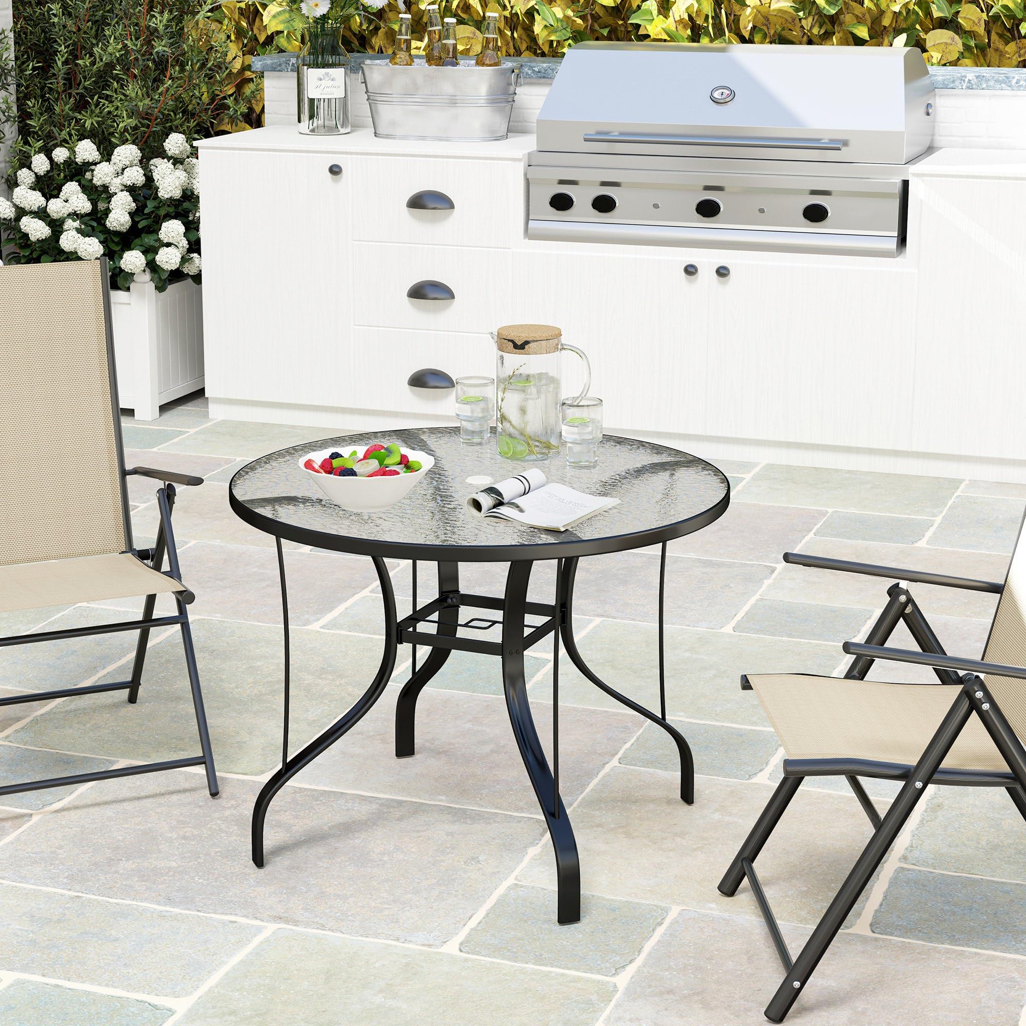 Outsunny Table de Jardin Ronde Ø96.5x71 cm Verre Trempé Métal Noir avec Trou pour Parapluie