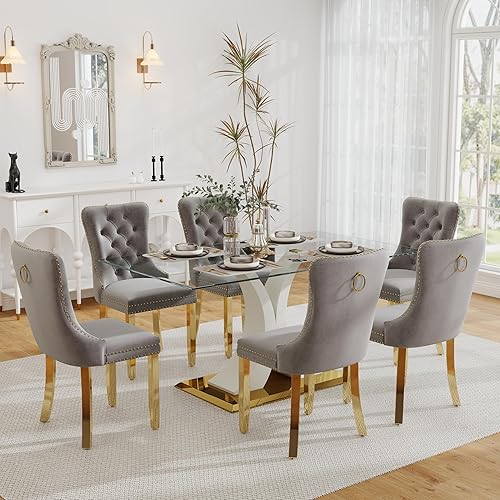 Miniatura 48 de Juego de mesa de comedor moderno de vidrio para 4, mesa de 160 cm de vidrio templado con base dorada estética y 4 sillas de comedor lujosas azules y