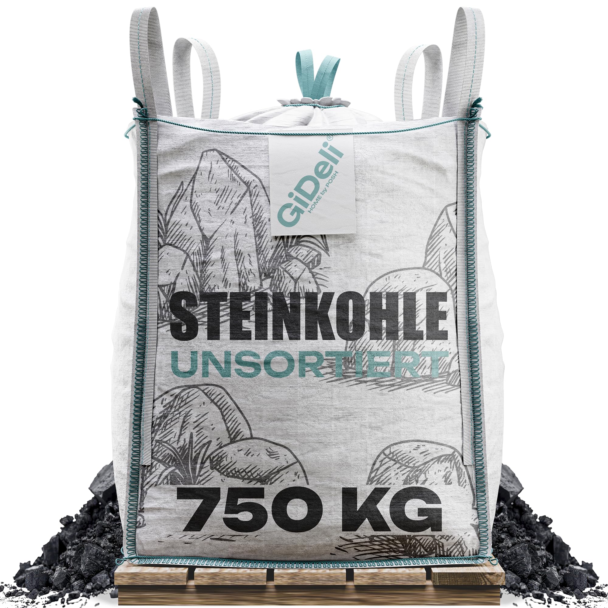 GiDeli Steinkohle 750kg - Kohle Fuer ofen und Kaminofen - Unsortierte Anthrazitkohle 5–50 mm – Hoher Heizwert 24–26 MJ/kg – Big Bag Heizkohle zum Heizen
