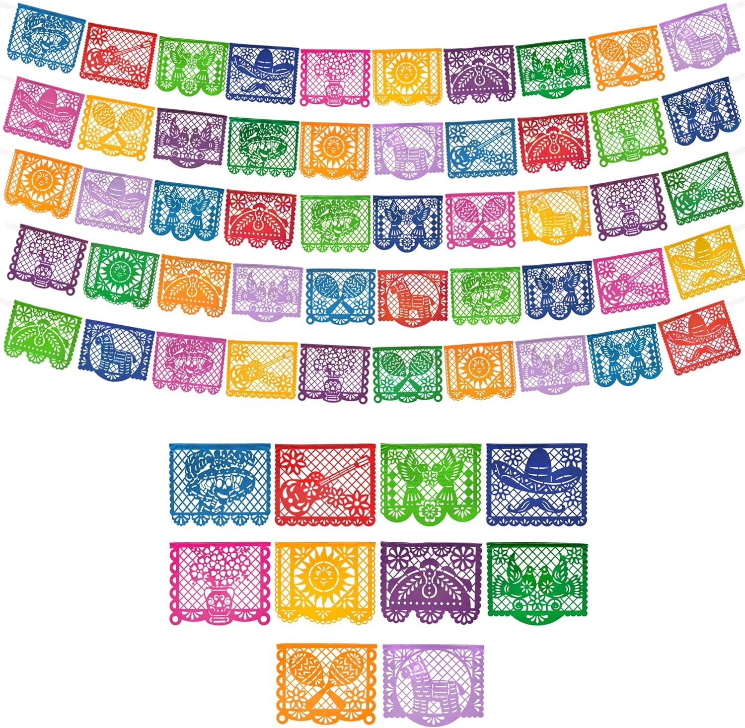 Mexican Party Banners (5 Pack with 10 Plastic Flags per Banner) - Papel Picado Mexicano para Fiesta - Plastic Papel Picado - Fiesta Themed Party Decorations - Mexican Decor