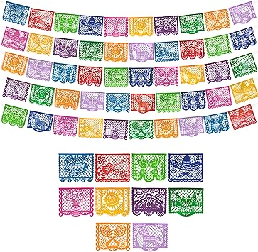 Mexican Party Banners 5-Pack Authentic Plastic Papel Picado Fiesta Decorations (50 Flags Total)
