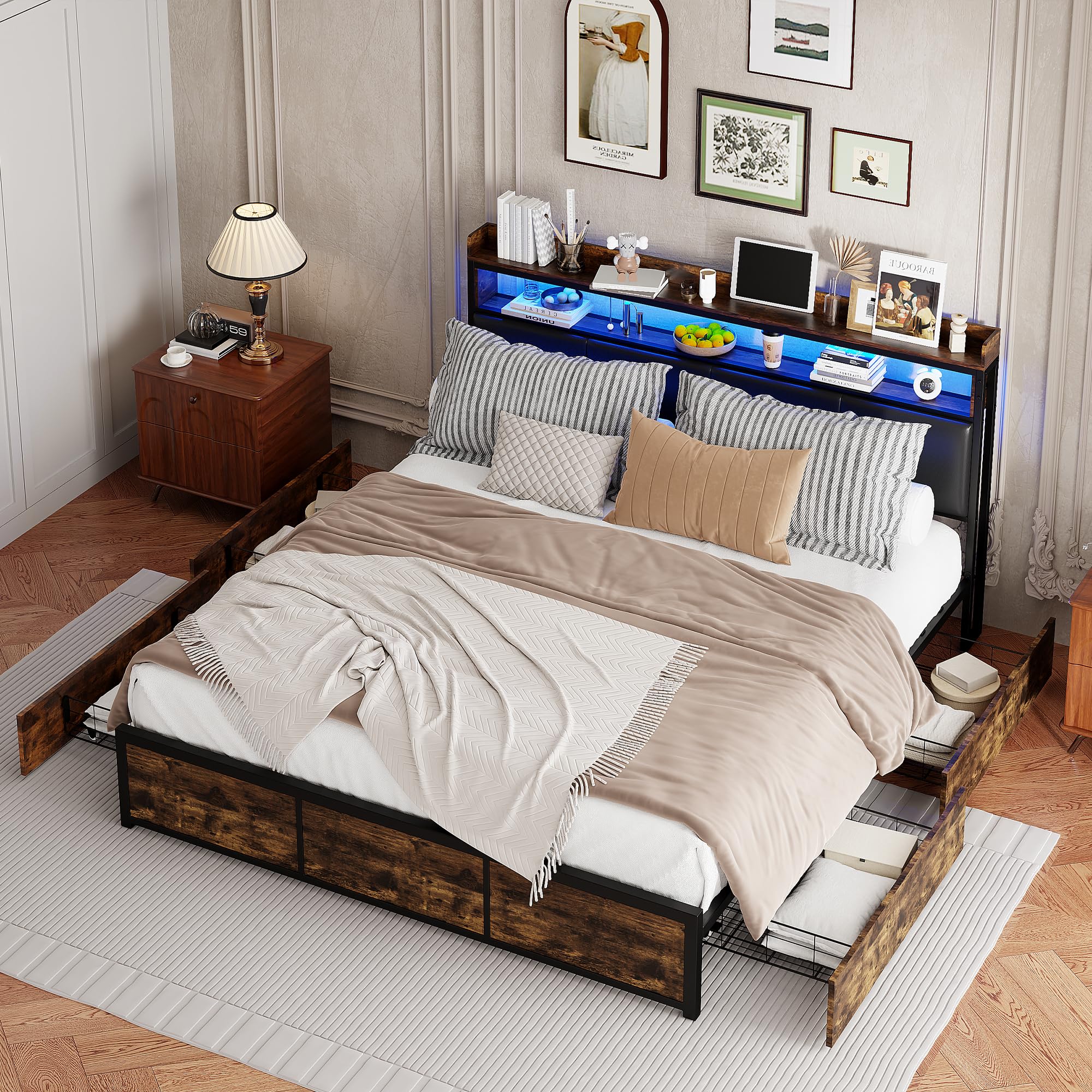 Letto imbottito 160 x 200 cm con illuminazione a LED, letto matrimoniale con rete a doghe, letto con 4 cassetti, letto per ragazzi funzionale, schienale letto, nero, PU, senza materasso