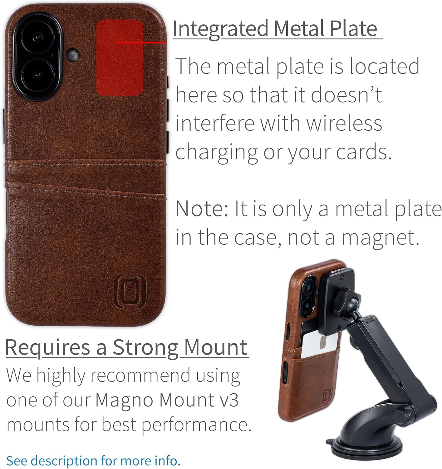 Dockem Card Case V2 for iPhone 16 with Camera Control Cutout, Built-in Metal Plate & 2 Card Holder Pockets: M2 Exec Premium Synthetic Leather Wallet Case (Brown) - Image 4