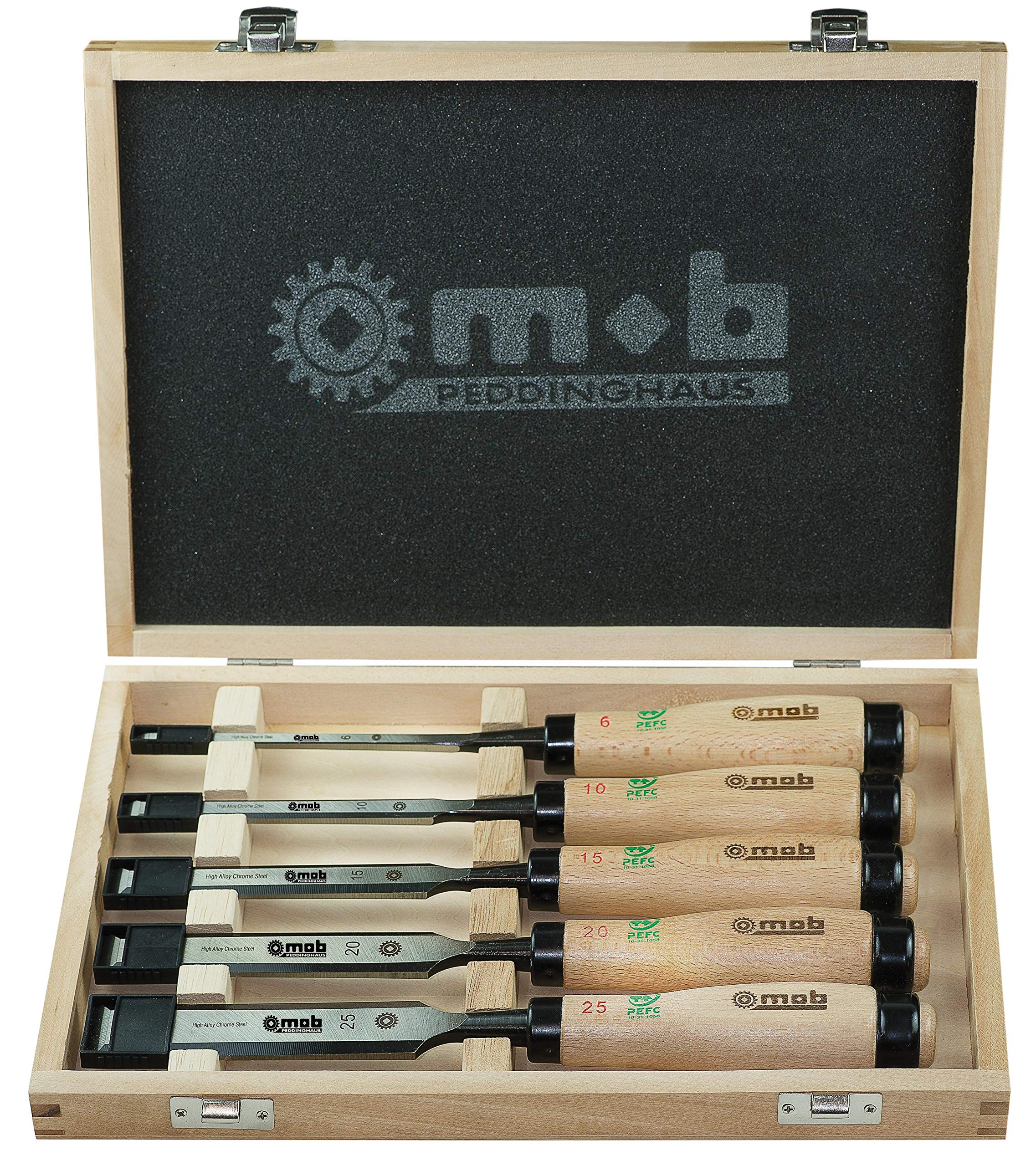 Peddinghaus 7000200001 Ciseau à bois set avec manche en Bois, Argent/beige, Set de 5 Pièces