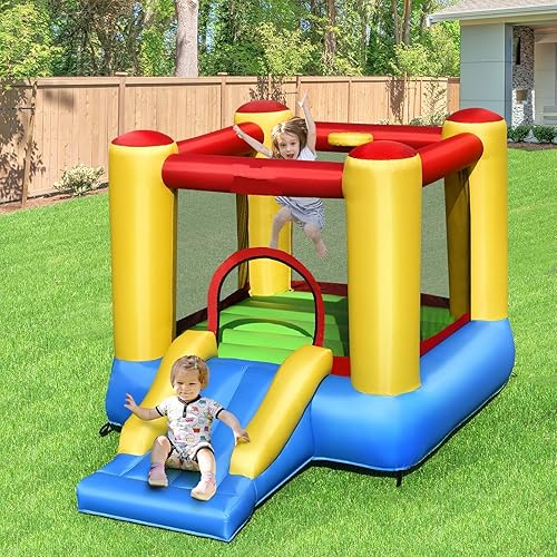 Vista 2 de OLAKIDS Castillo de salto inflable con tobogán, área de rebote, borde de baloncesto, casa hinchable interior y exterior, malla de poliéster