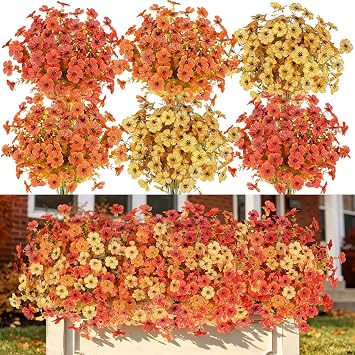 16PCS Artifcial Fall Flowers for Outdoor Decorations, Mix Orange