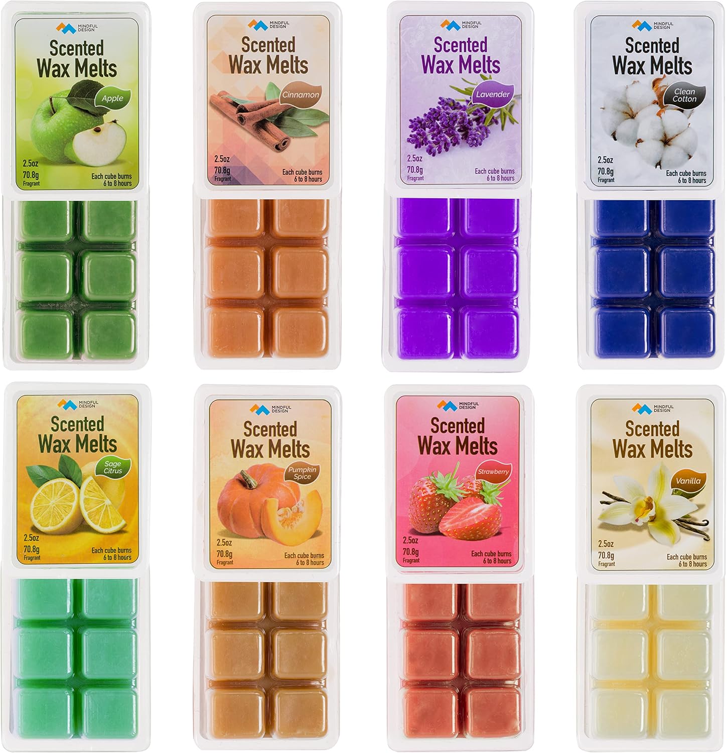 Mindful Design 8 Pack Scented Wax Melts/Cubes/Tarts - Apple, Cinnamon, Clean Cotton, Lavender, Pumpkin Spice, Sage Citrus, Strawberry, & Vanilla - Strong Scent
