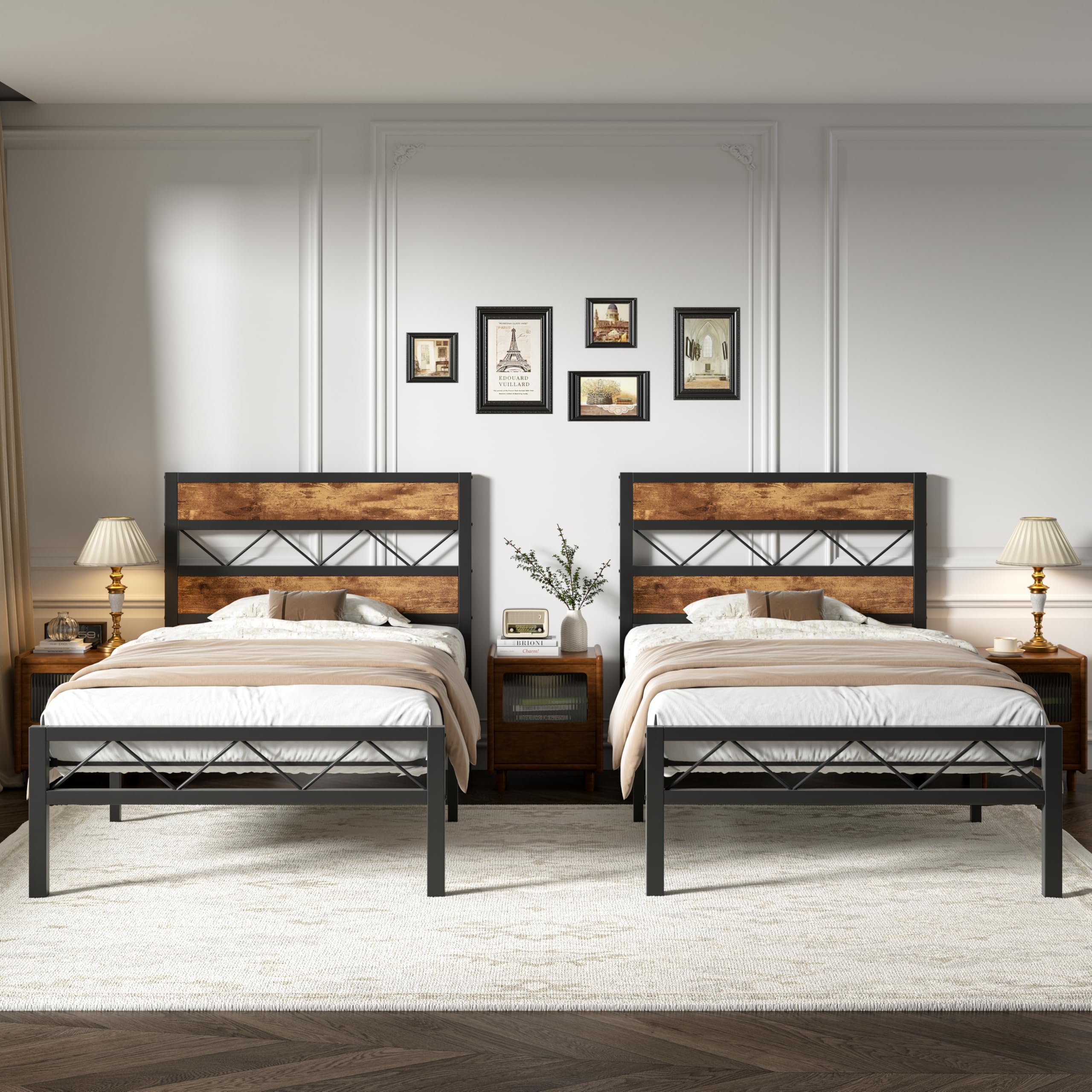 VECELO Cadre de Lit 90 x 190cm, avec Tête en Bois, Sommier Plateforme en Métal, avec Support à Lattes Solides et Espace de Rangement, Assemblage Facile, Marron Rustique