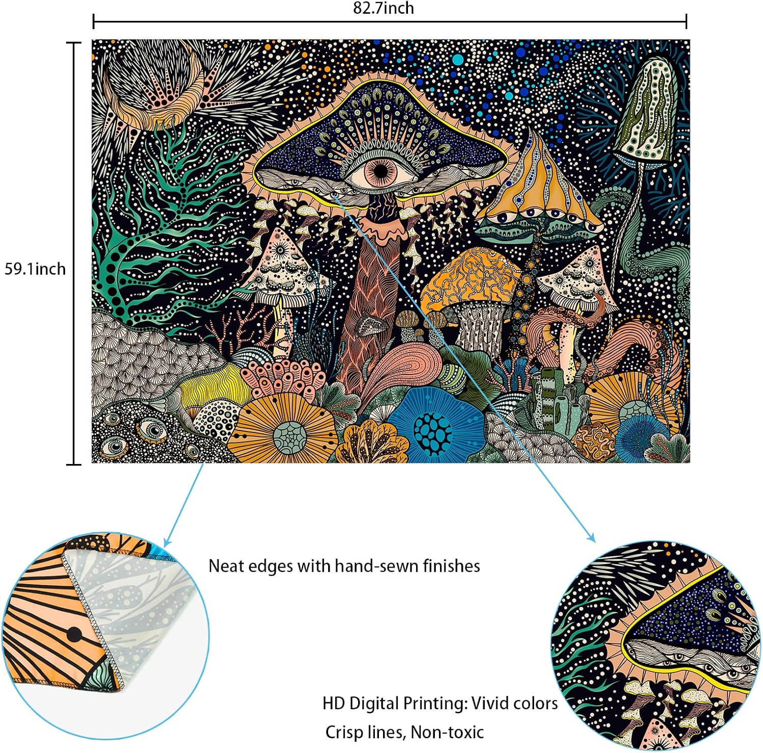 Uspring Mushroom Tapestry Eyes Tapestry Sea Creatures Tapestry Peacock Bohemian Tapestry Abstract Ocean Tapestry Wall Hanging for Room (59.1 × 82.7 inches) : Home & Kitchen