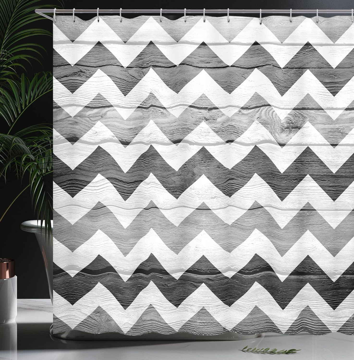 Ambesonne Chevron Shower Curtain, Zig Zag Lines Pattern on Wooden Texture Background Rustic Home Print, Cloth Fabric Bathroom Decor Set with Hooks, 69" W x 70" L, Grey WhiteSmoke