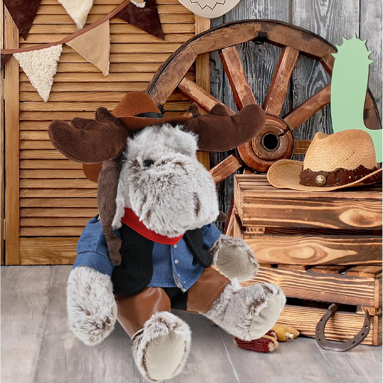 DolliBu Moose with Clothes Stuffed Animal Cowboy Plush with Name Personalization - Western-Themed Moose Plush with Cute Cowboy Costume Denim Shirt Vest, Bandana, Leather Pants, and Hat - 10 Inches