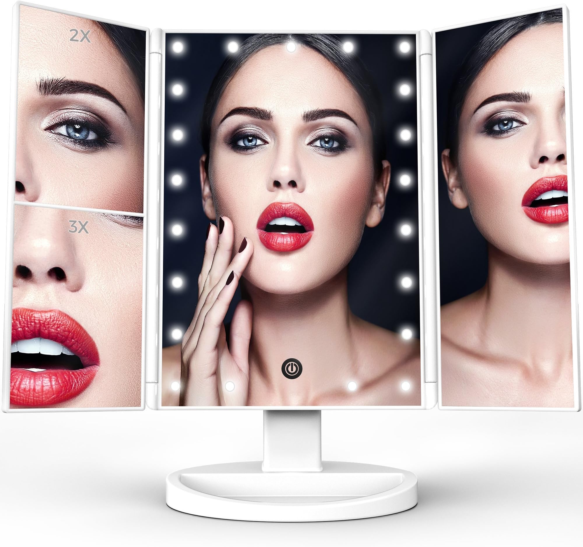 TriFold Illuminated Vanity Makeup Mirror, with 21 LED, Touch Screen, 180° Adjustable Stand, 1x/2x/3x Magnification, Batteries and Usb Charging