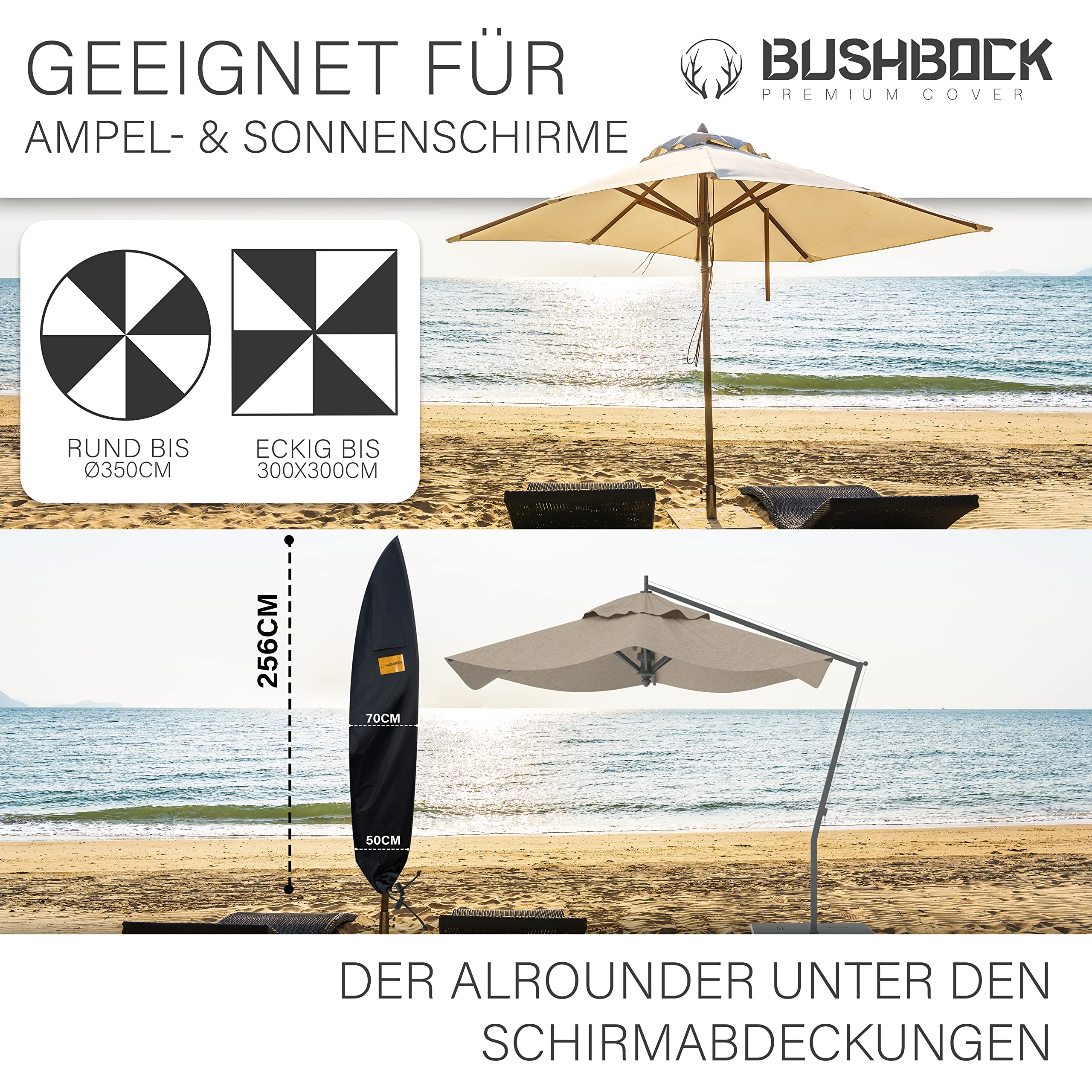 BUSHBOCK® Premium pokrowiec na parasol przeciwsłoneczny/wiszący – do ok. 400 cm Ø – najlepsza tkanina 600D – ultra wytrzymały z otworami wentylacyjnymi i specjalną powłoką (265 x 40 / 70 / 50 cm)