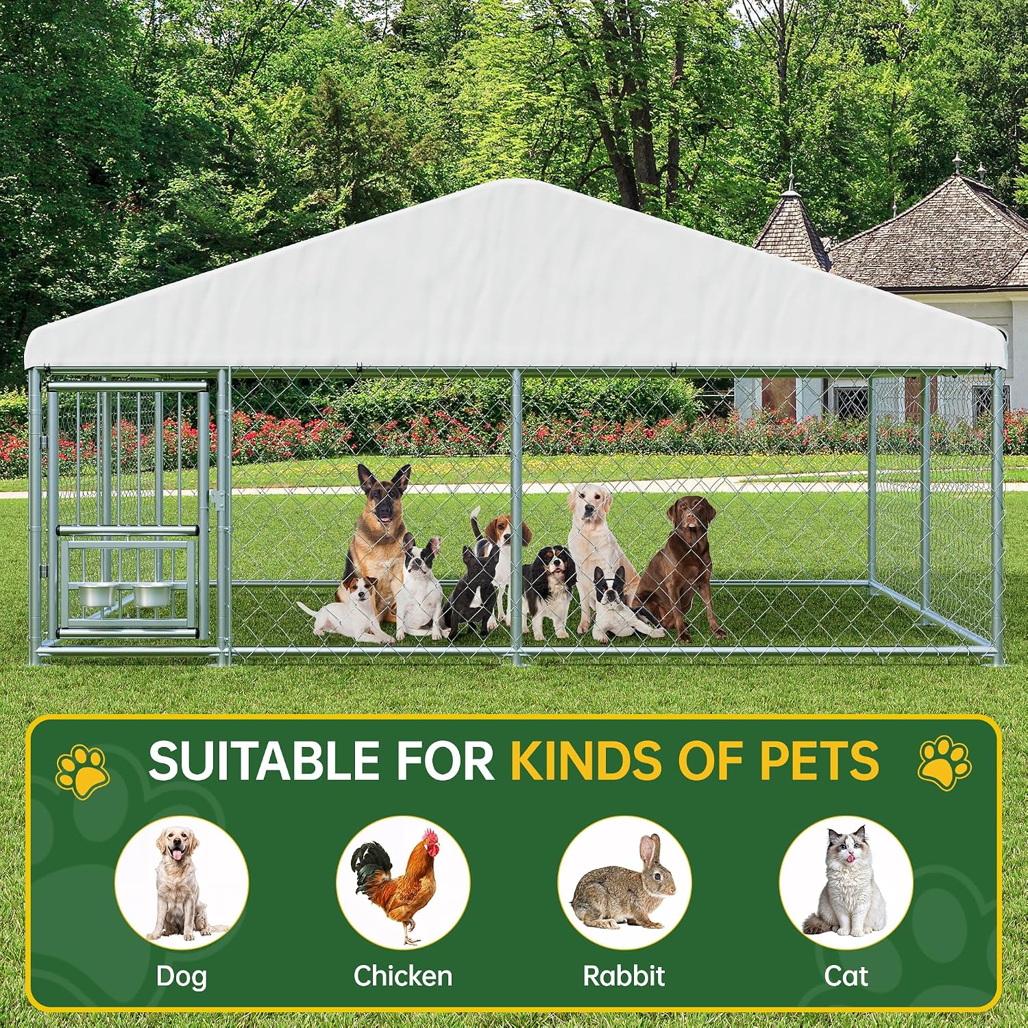 LotFun Large Outdoor Dog Kennel, 10 x 10 FT Heavy Duty Dog Enclosure with Rotated Dog Bowls, UV-Resistant Canopy Cover, Double Lock Security (10 x 10 x 5 in)