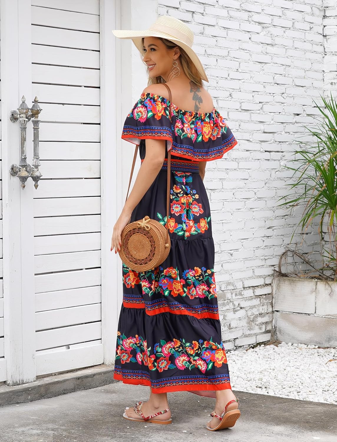 Mexican Dress for Women Off Shoulder Floral Print Long Maxi Dress Summer Cinco de Mayo Party Dresses with Belt - Image 3