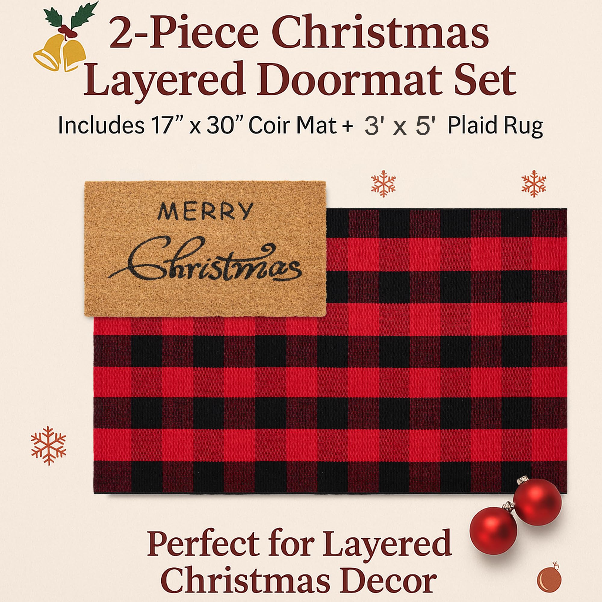 Ensemble de paillassons de Noël – Tapis de bienvenue 100 % fibre de coco + tapis à carreaux rouges et noirs de 0,9 x 1,5 m, collection de vacances de Noël, paillasson pour porche, entrée décoratif