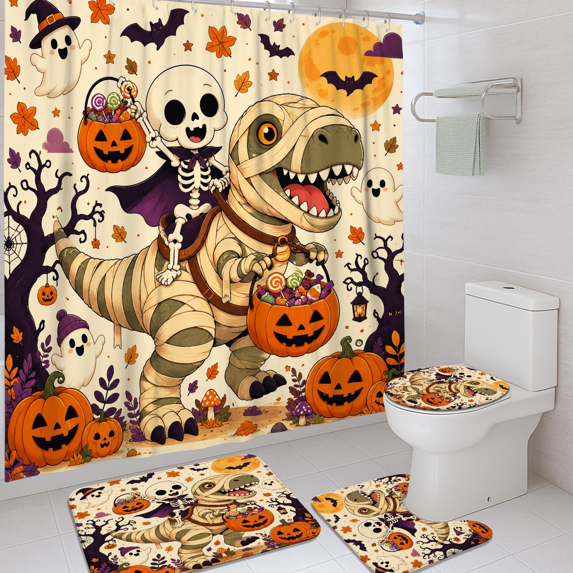Rideau de douche Halloween orange avec tapis de bain pour déco festive