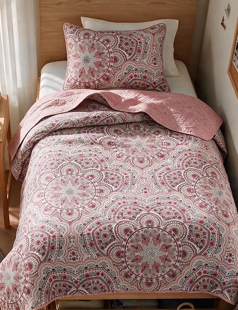Comfort Spaces Comfort Spaces Valerie Boho Reversible Twin Quilt Bedding Set, 2 PC, Pink | Cozy Lightweight Coverlet Twin XL for College Dorm, All Season Breathable, Watercolor Medallion Pattern, Farmhouse Vintage
