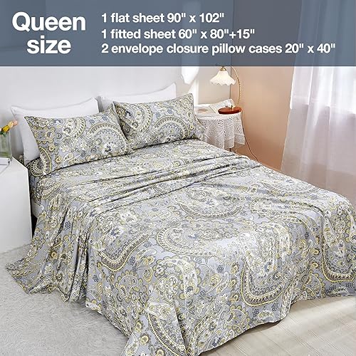 Miniatura 2 de JSD Juego de sábanas Queen Paisley con estampado floral de 4 piezas, sábanas de microfibra suave de 15 pulgadas, bolsillo extra profundo