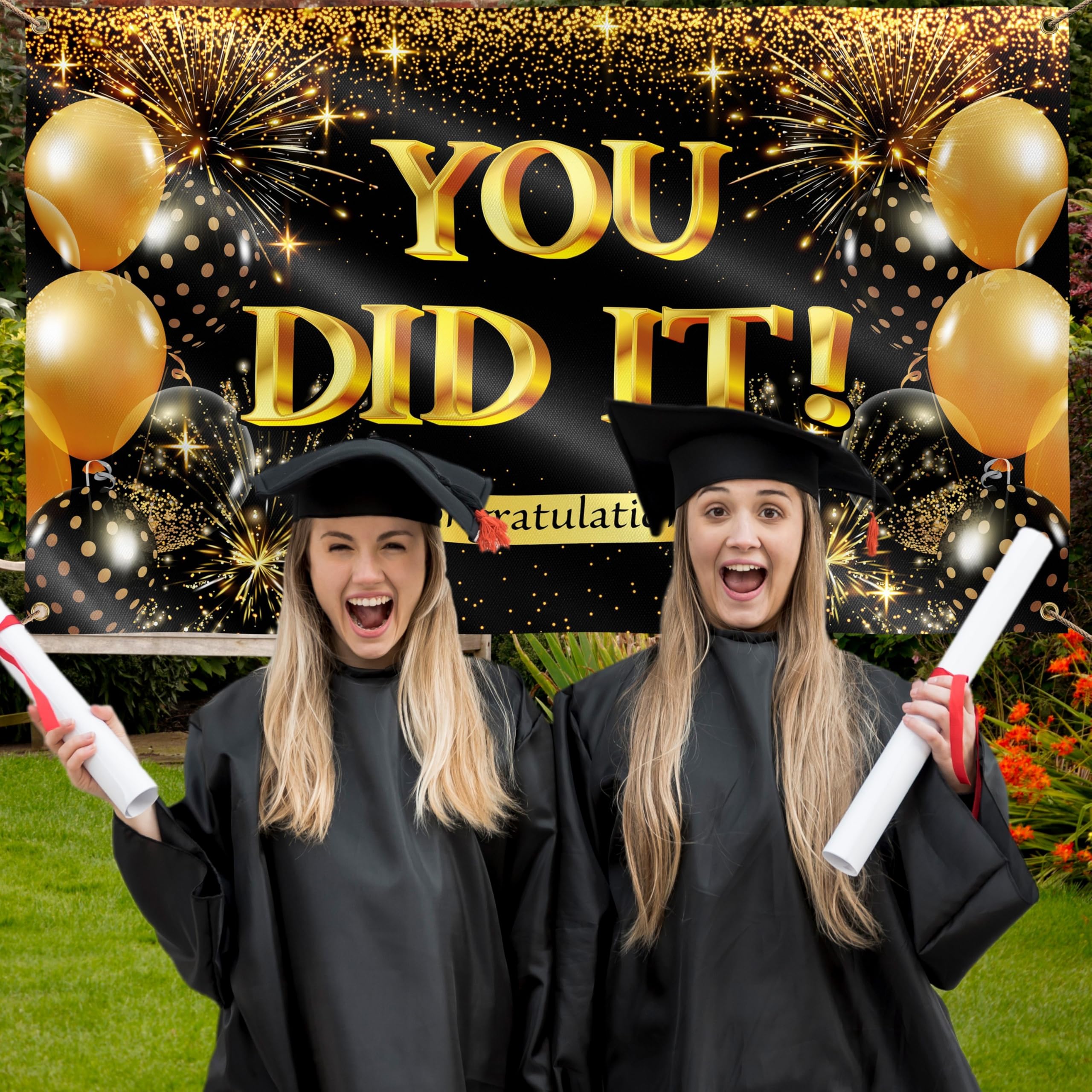 Congratulations Banner - Graduation Decorations 5x3ft - You Did It Banner - We are so Proud of You - Well Done (Black & Gold) - Image 3