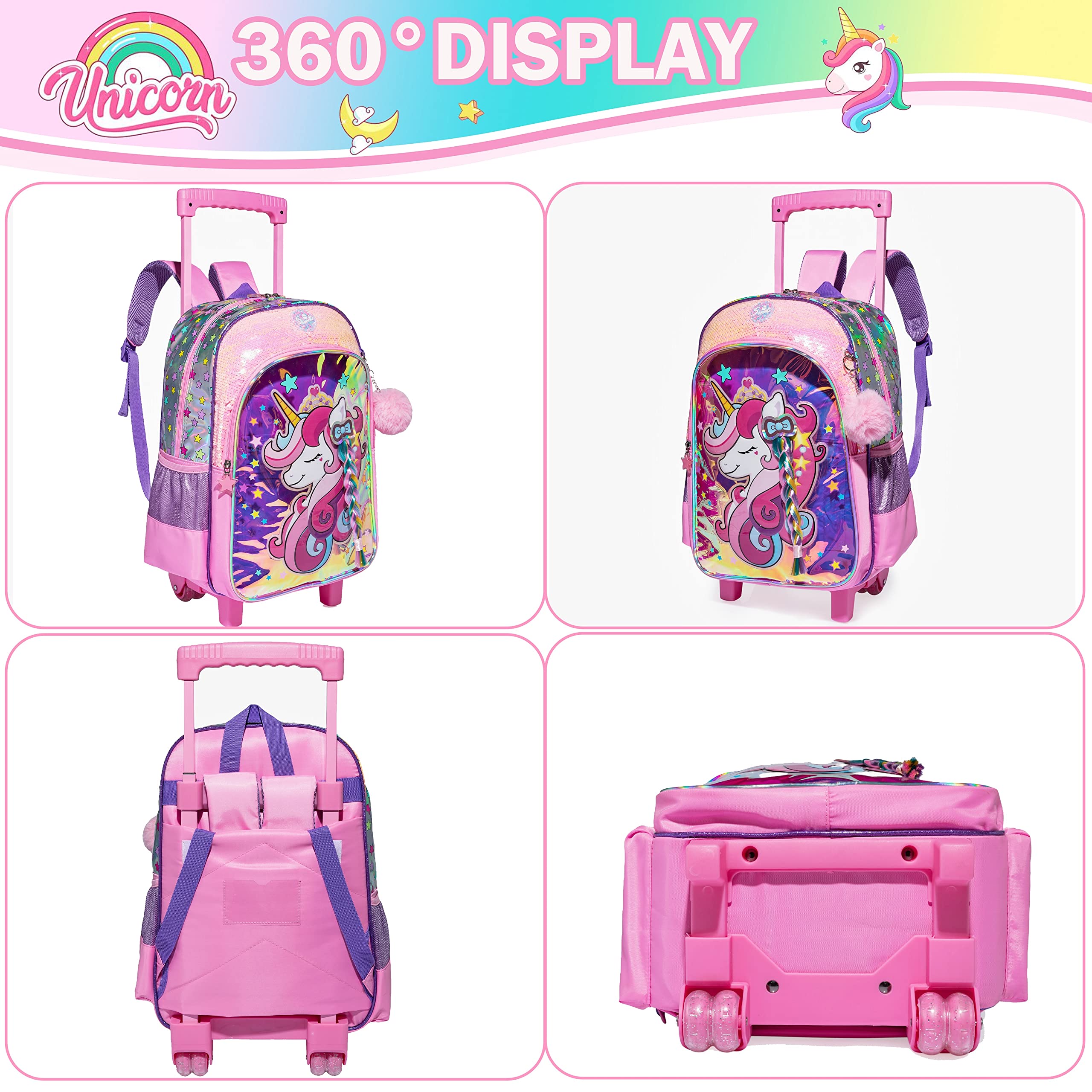 Meetbelify Mädchen Rolling Backpack mit Rädern für Elementary Kindergarten Kinder Mint Koffer Set Travel Laptop Gepäck für Mädchen Alter 6-8