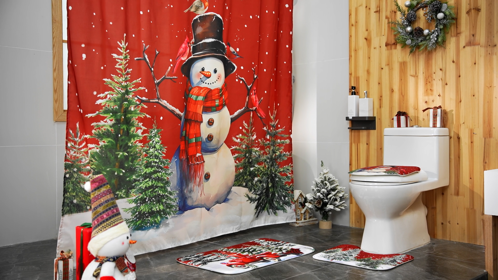Amazon.com: Teenyyou 4 Pcs Christmas Shower Curtains Set with Non Slip Rug Winter Christmas Bathroom Decor Toilet Lid Cover and Bath Mat Snowman Shower Curtain with 12 Hooks for Xmas Bathroom Decor(Red,Classic) :
