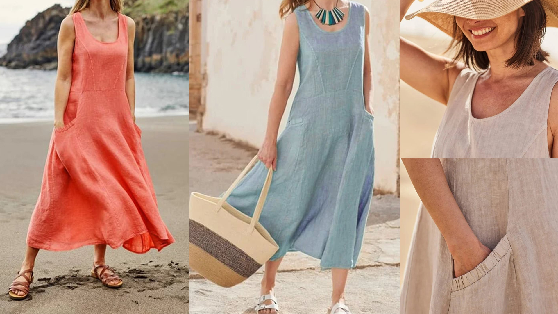 Abito Donna Senza Maniche In Cotone E Lino - Lungo, Boho Casual, Con Tasca - Foto 2