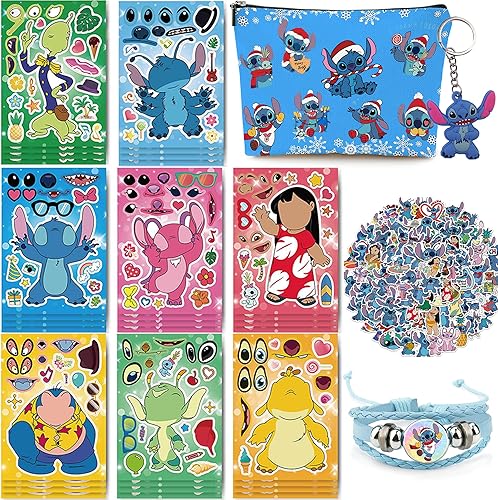 Stitch Merchandise Stuff - Juego de regalos de accesorios de anime, mochila con cordón, bolsa de maquillaje de dibujos animados, 50 calcomanías, 12