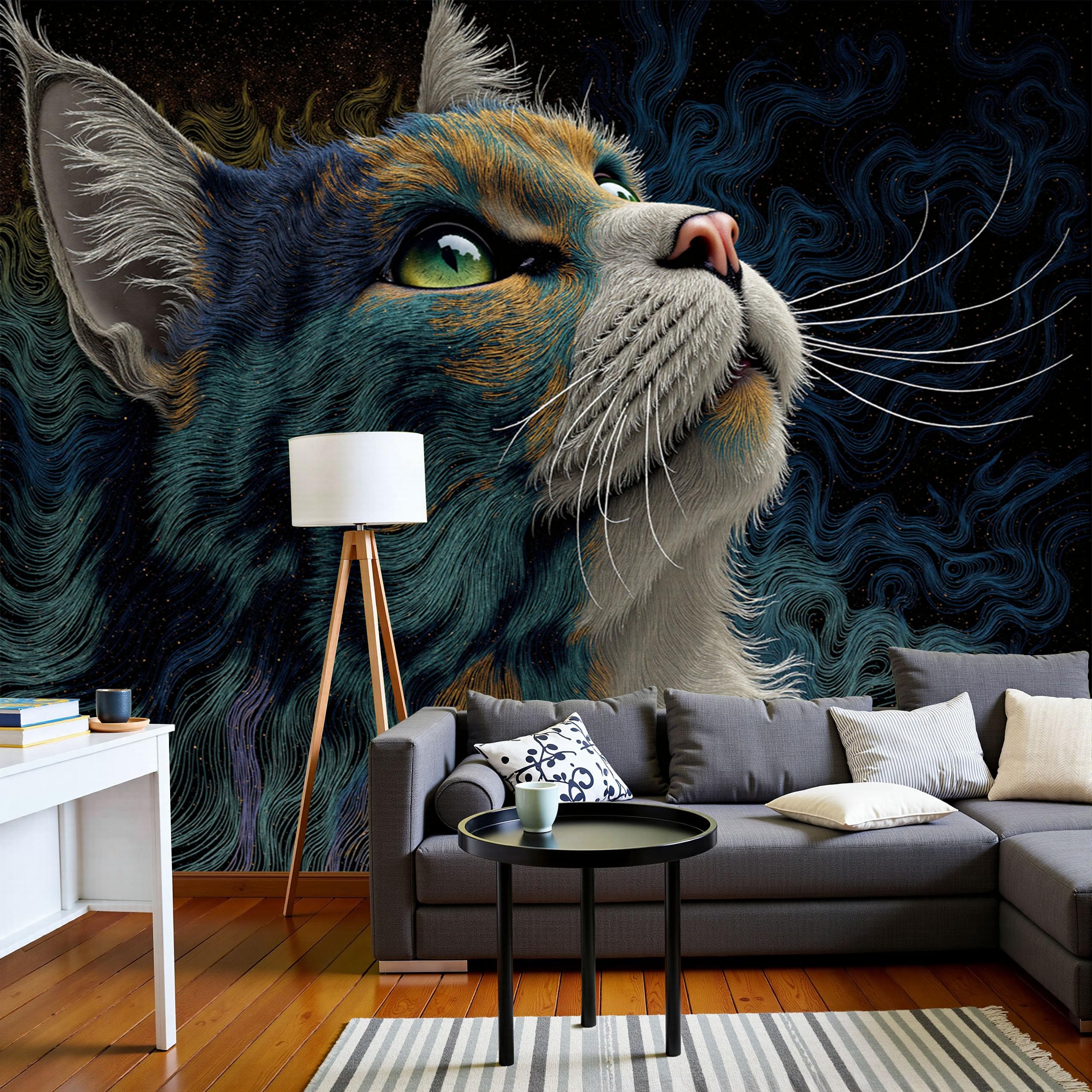 Papier peint panoramique 3D dessin au trait chat 350x256cm pour salon
