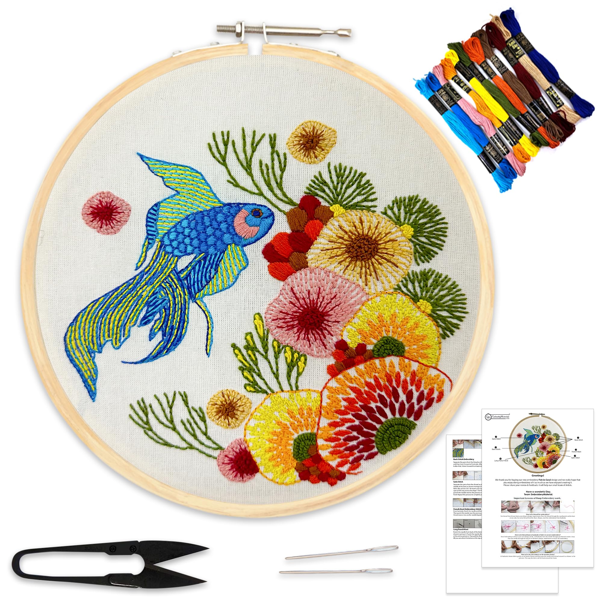 Embroiderymaterial Embroidery Kit Fish in Coral Design Digital Printed & Written Instructions All Material Included-image-29