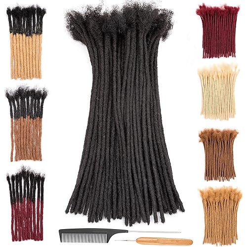 DAIXI 0.4cm Thickness 12 Inch 100 Strands and 0.6 0.8cm 100% Real Human Hair Dreadlock Extensions for Man/Women Full Head Handmade Permanent loc Extensions Bundles Can Be Dyed Bleached Curled and Twisted including Free Needles and Comb