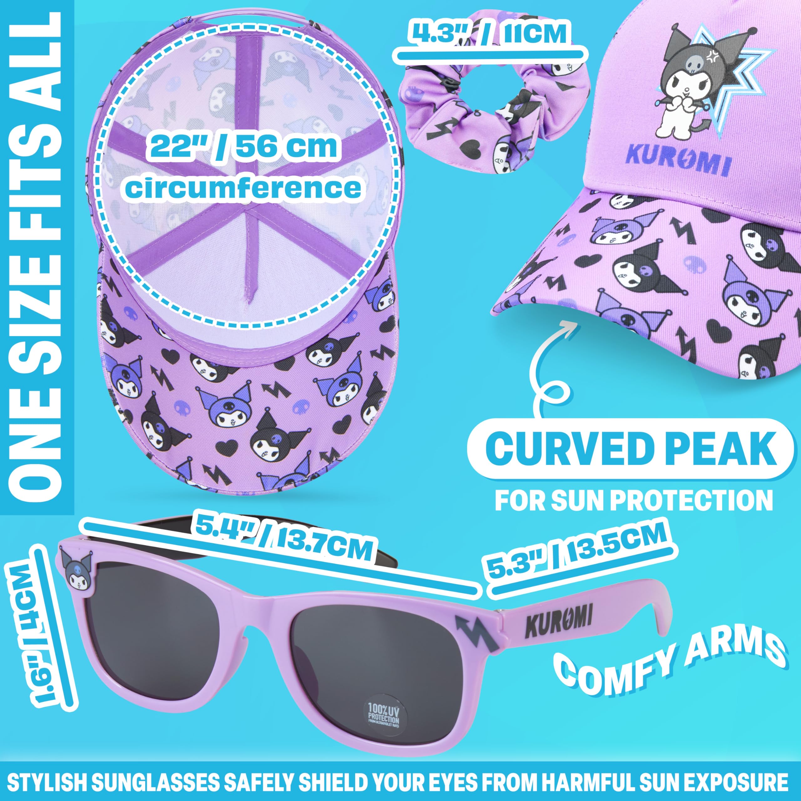 Get Trend Barbie | Hello Kitty | Kuromi | Squishmallows | Cinnamoroll Gorra Niña con Gafas de Sol UV400 y Goma Pelo Set, Accesorios Niña de Verano
