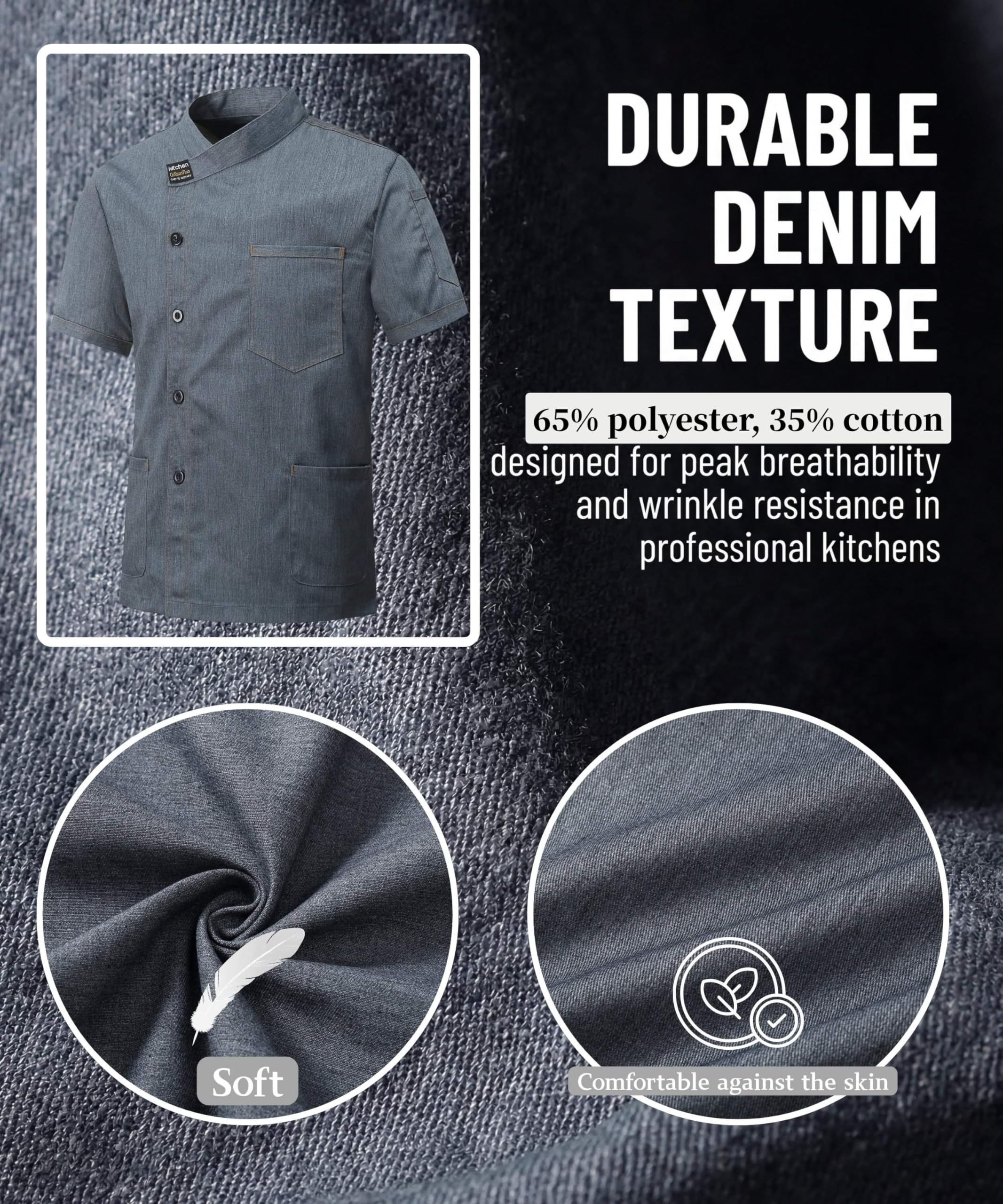 Veste de Cuisine Hommes Manches Courtes Cuisinier Chef Uniforme Professionnel Veste Unisexe Hôtel Cuisine Léger Respirante Chef Vêtement Restaurant Uniforme avec 3 Poches