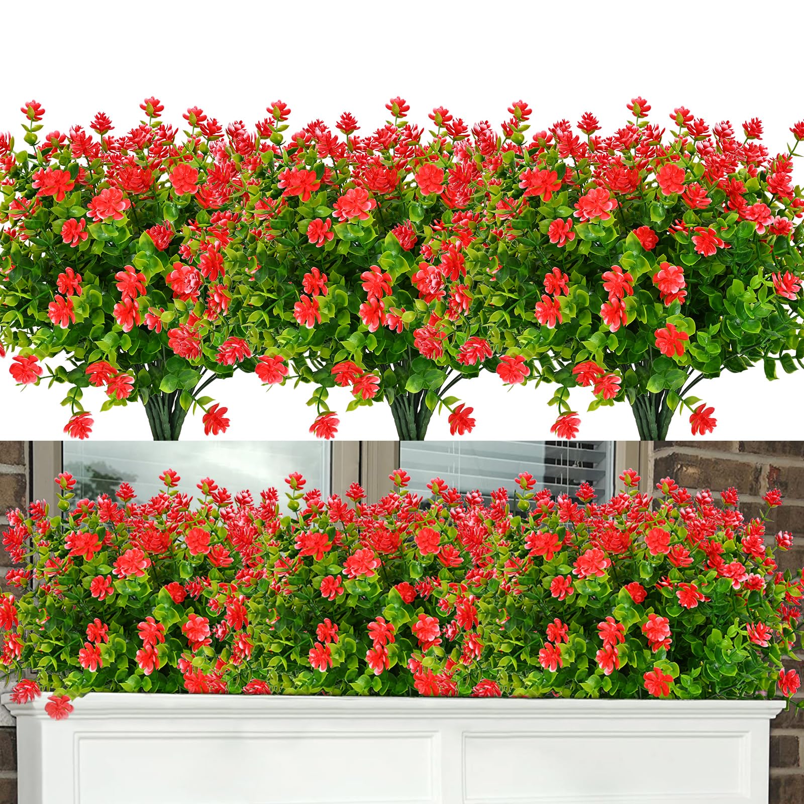 MARTINE MALL8 Bundles Artificial Flowers Outdoor UV Resistant, Boxwood Plants Shrubs Faux Greenery for Indoor Outside Hanging Plants Garden Porch Window Box Home Patio Decor (Red)