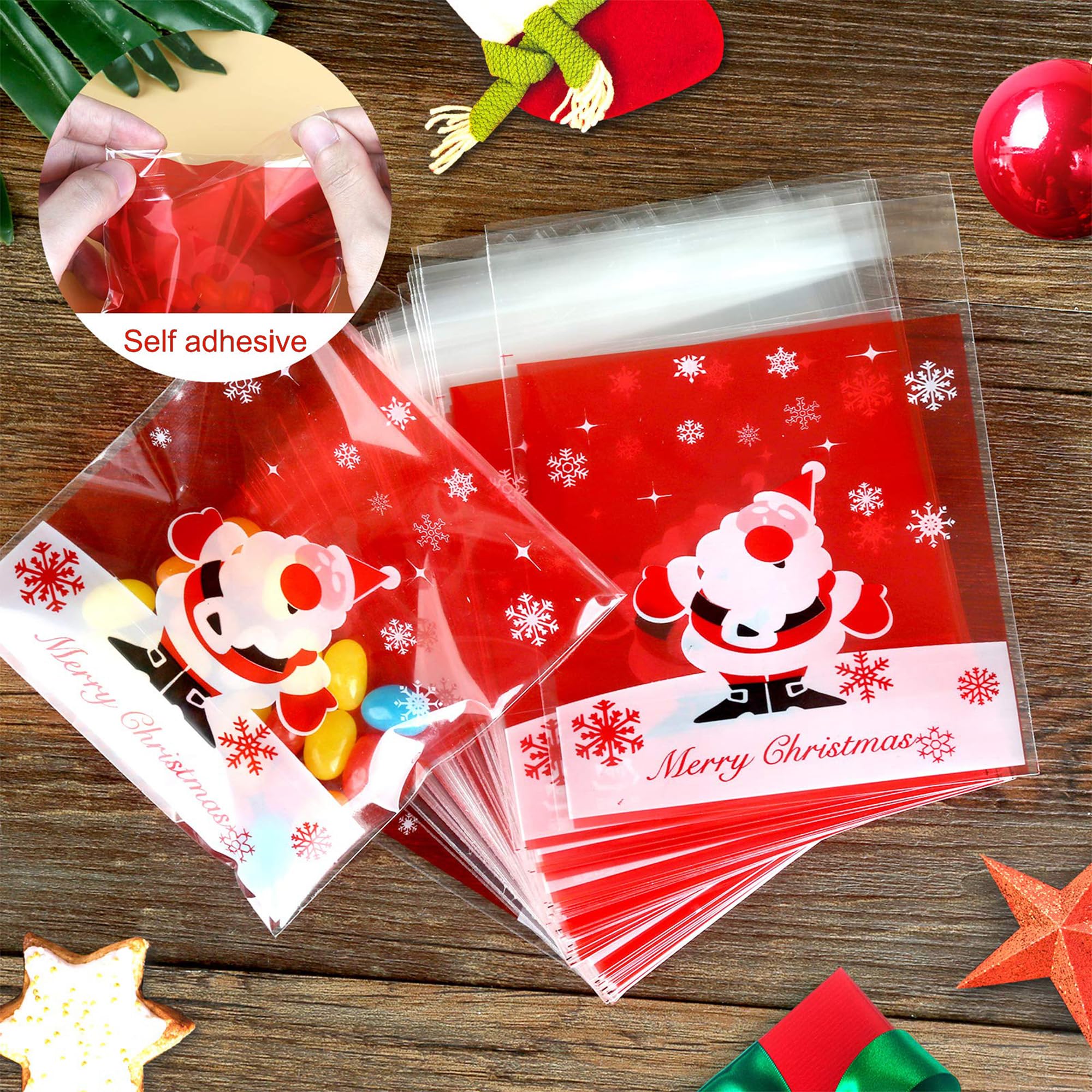 Juego de 10 cortadores de galletas de Navidad de acero inoxidable con Papá Noel, copo de nieve, ciervo, árbol de jengibre, muñeco de nieve, calcetín con 100 bolsas de dulces autoadhesivas para
