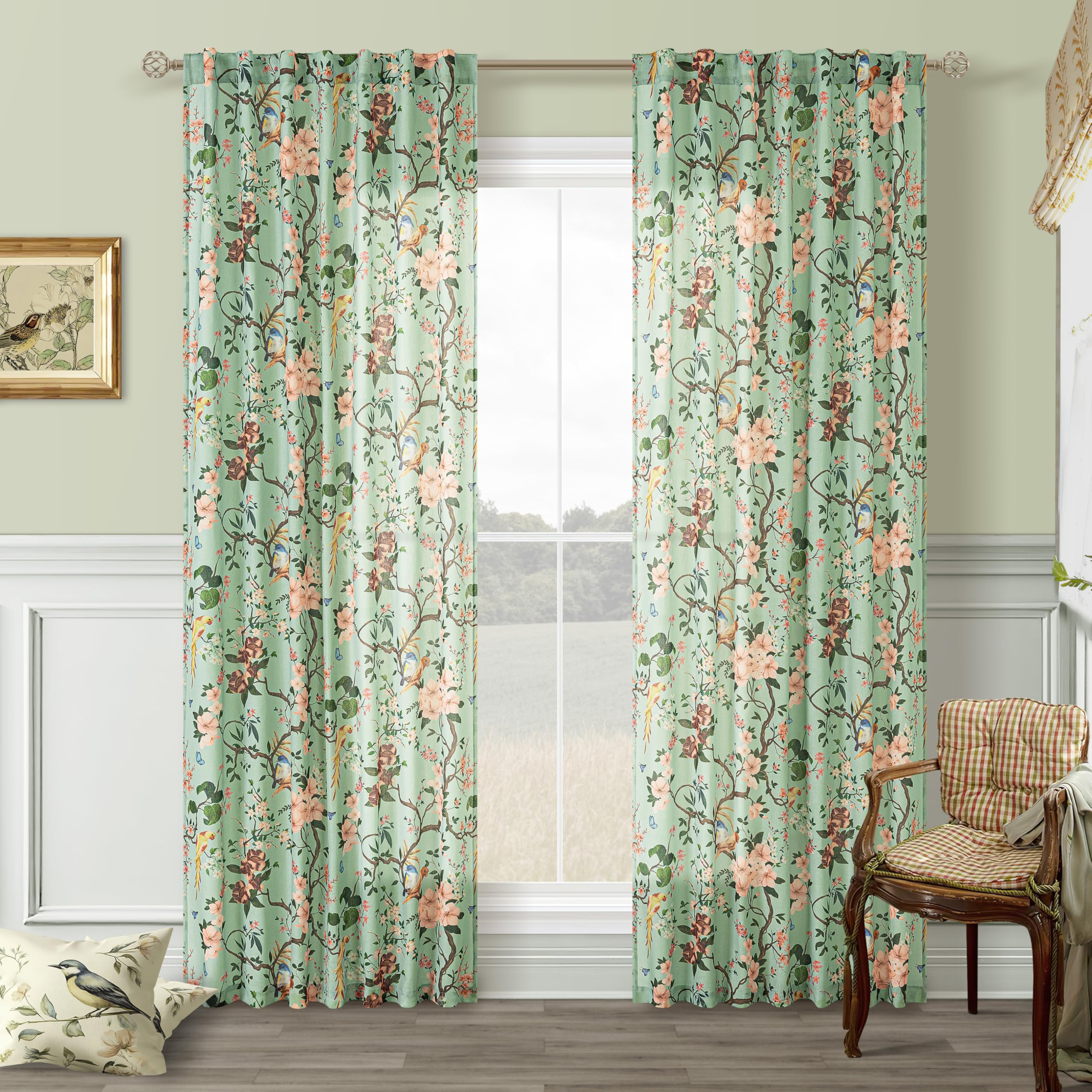 Green Linen Floral Bird Curtains for Living Room 84 Inches Long 2 Panels | Boho,Back Tab,Vintage Farmhouse,Flower Leaf Patterned,Window Drapes,Semi Sheer,Light Filtering,for Dining Room Bedroom