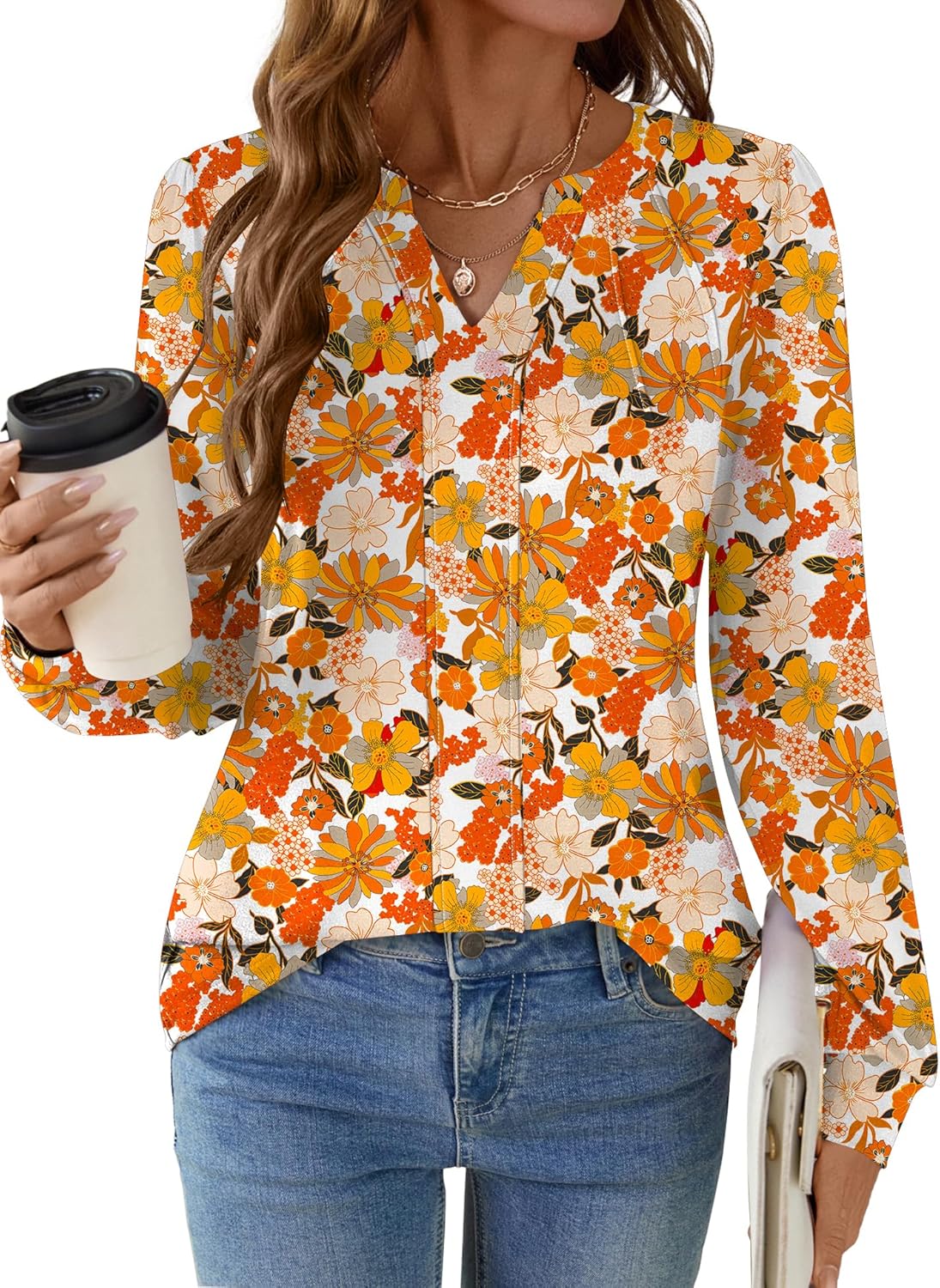 AKEWEI Womens Long Sleeve V Neck Shirts Pleated Business Casual Blouses Fall Loose Tunic Tops