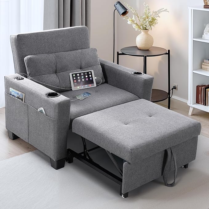 FLEXISPOT XCT2 Sleeper Chair Bed with USB Ports & Cup Holders, 3-in-1 Convertible Sofa Bed for Living Room, Pull-Out Recliner Chair with Pillows, Adjustable Backrest, Small Space Furniture (Gray)