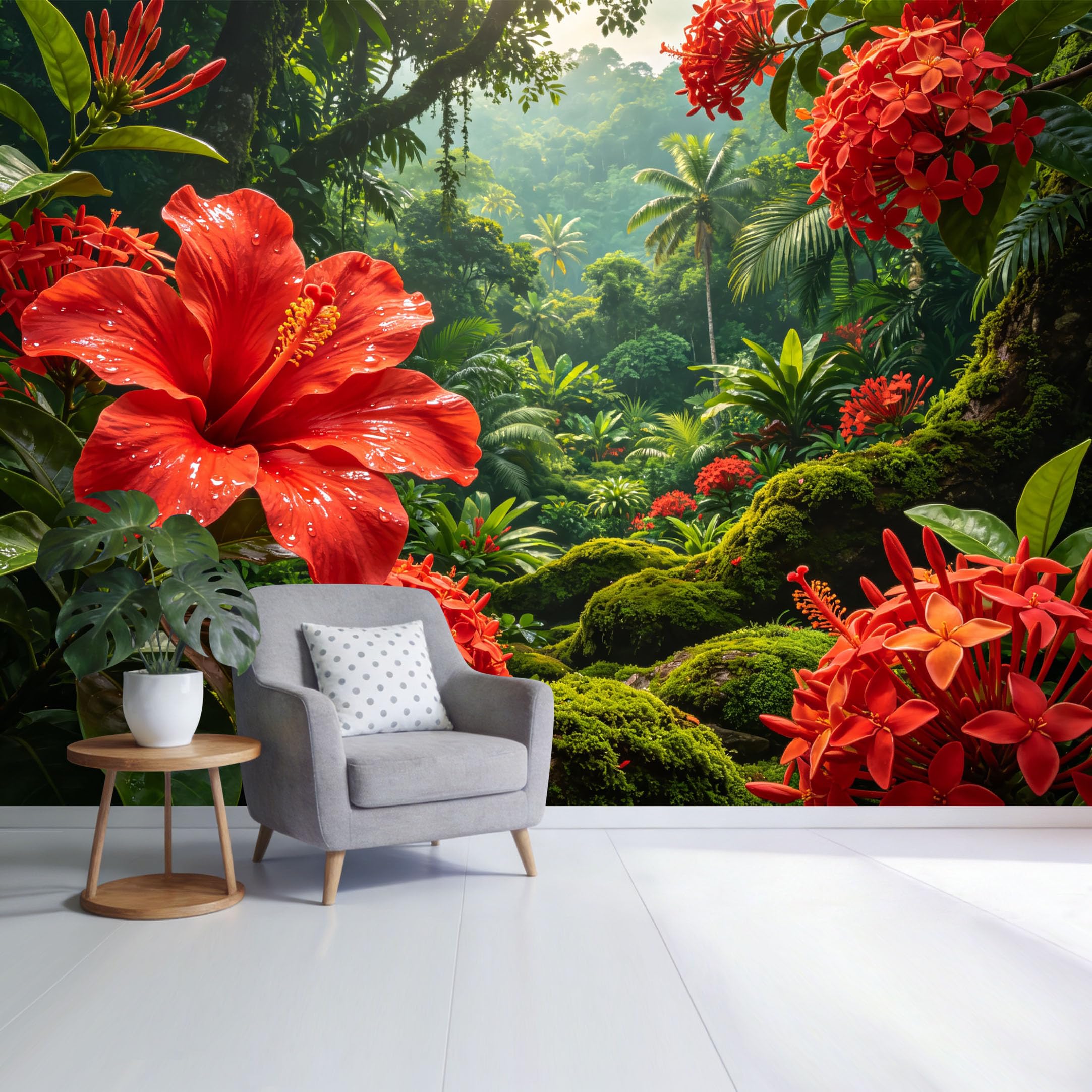 Custom Size Wall Mural Tropical Jungle Red Hibiscus and Ixora Flowers Lush Green Rainforest Landscape SelfAdhesive Wall Fabric Removable Wallpaper for Home Office Decor