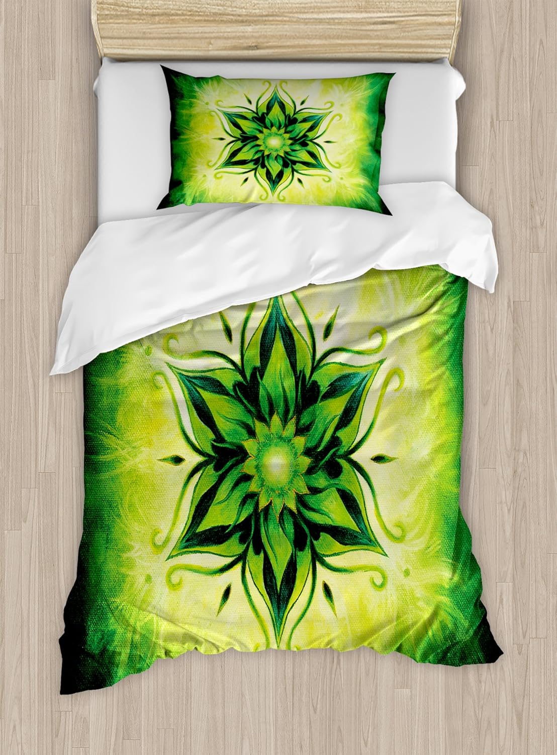 Ambesonne Lotus Duvet Cover Set, Psychedelic Floral Mandala Digital Image, Decorative 2 Piece Bedding Set with 1 Pillow Sham, Twin Size, Emerald Lime Green Twin Emerald Lime Green