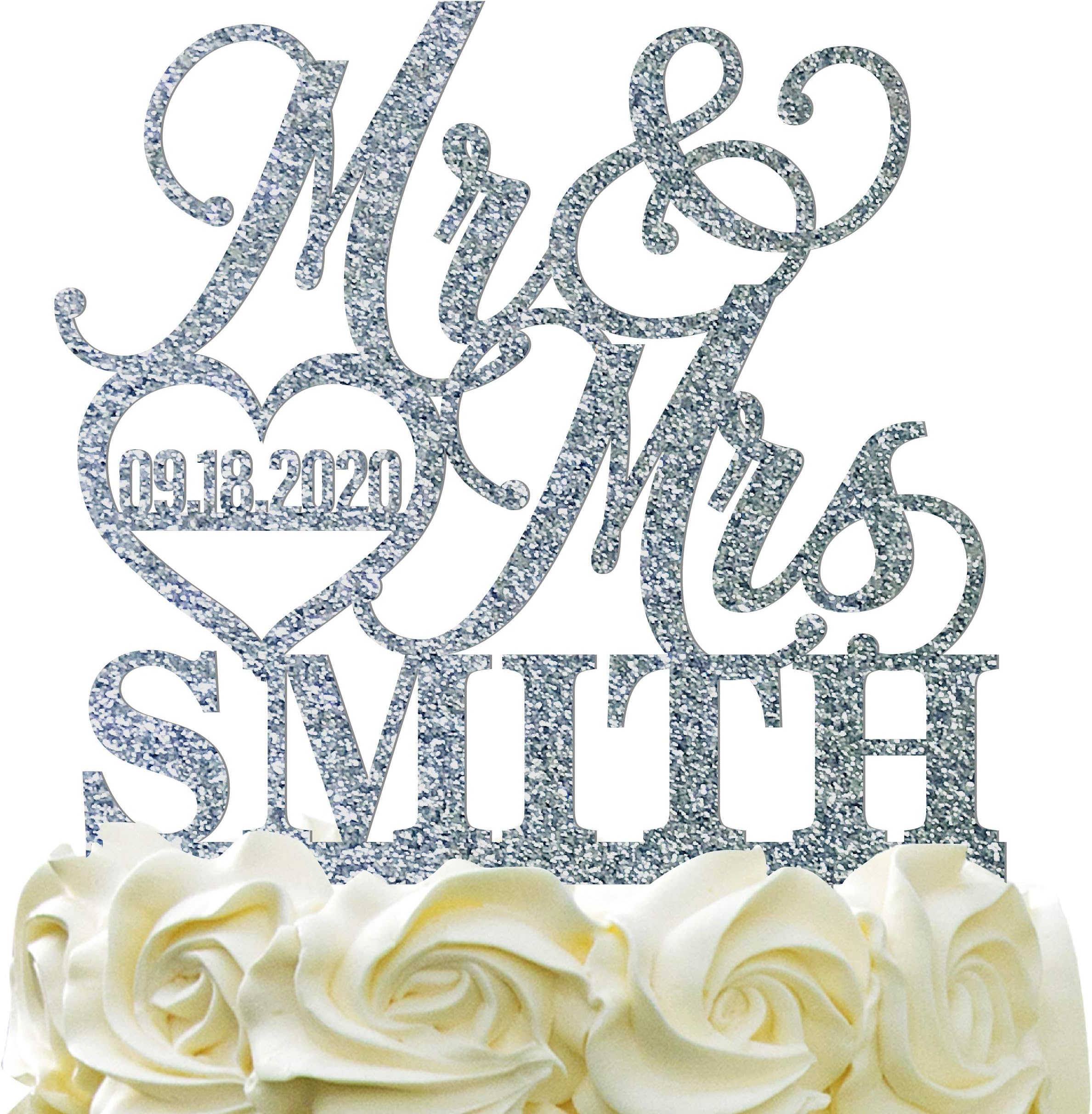 Personalized Mr Mrs Wedding Cake Topper - Customized Last Name & Date w/Heart - Glitter Acrylic