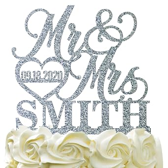 Personalized Mr Mrs Wedding Cake Topper - Customized Last Name & Date w/Heart - Glitter Acrylic