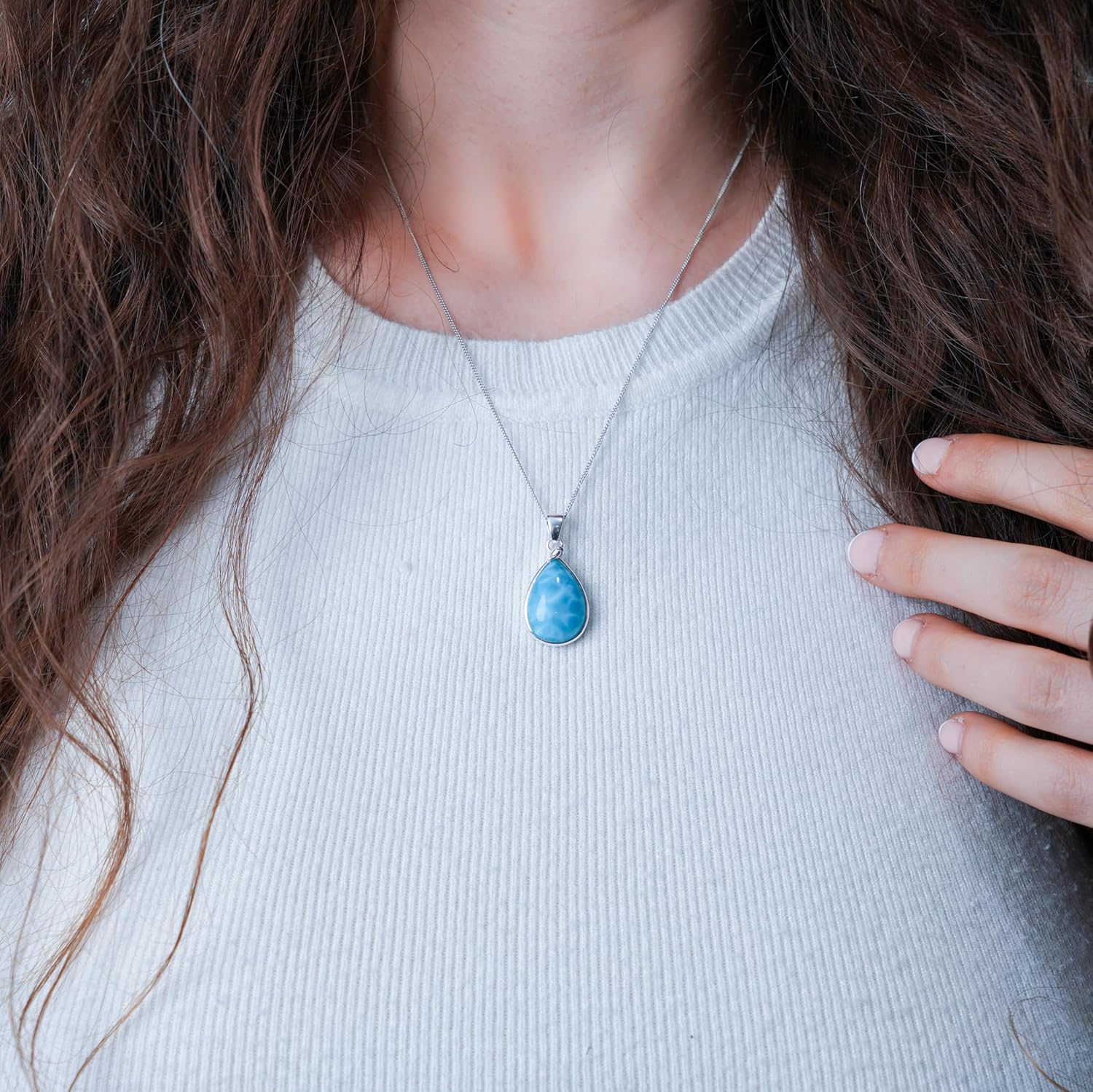 Sterling Silver Larimar Teardrop Pendant Necklace for Women, Genuine Blue Gemstone with 18 Inch Chain - Image 4