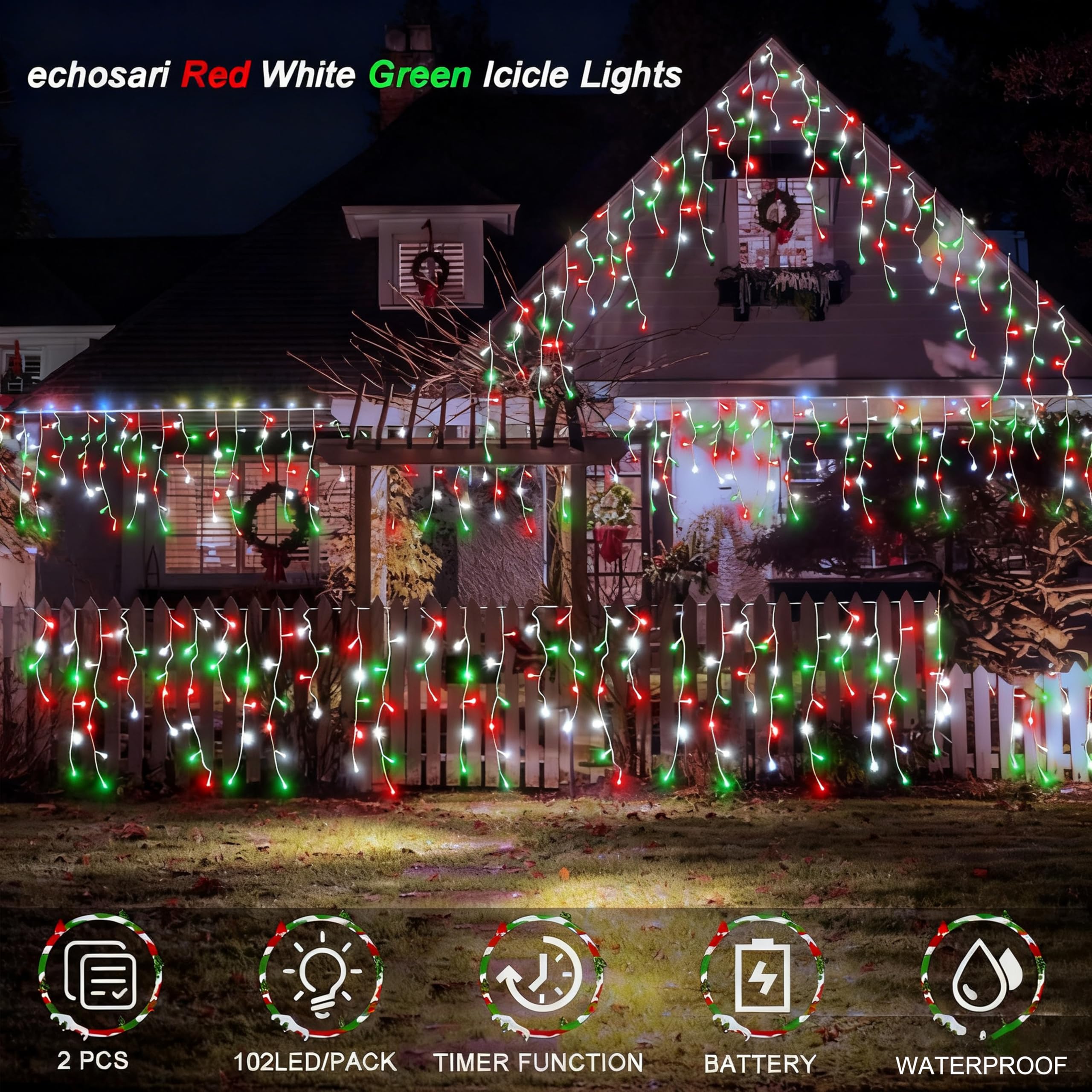 2 Pack Red White Green Christmas Icicle Lights Battery Operated